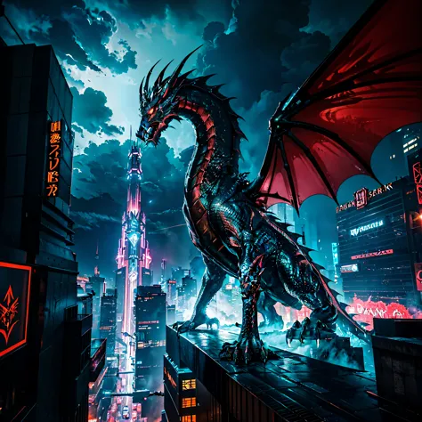 The Dragon,The Dragon в ночном городе,neon lights,Cyberpunk city,futuristic,high-tech,steel buildings,flickering lights,glowing ...