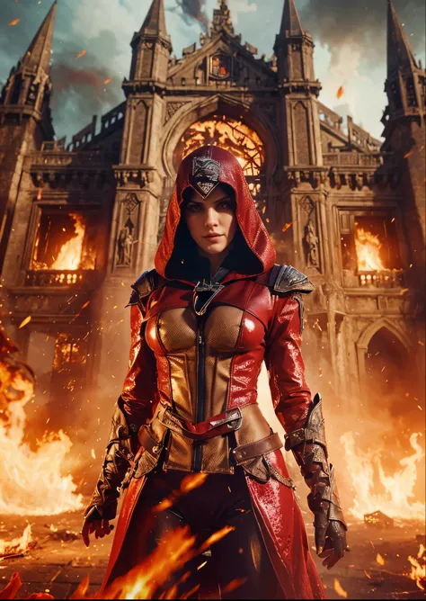 Alexandra daddario, red latex assasin creed outfit, oiled body, busty, big tits, fiery, castle, fire particle