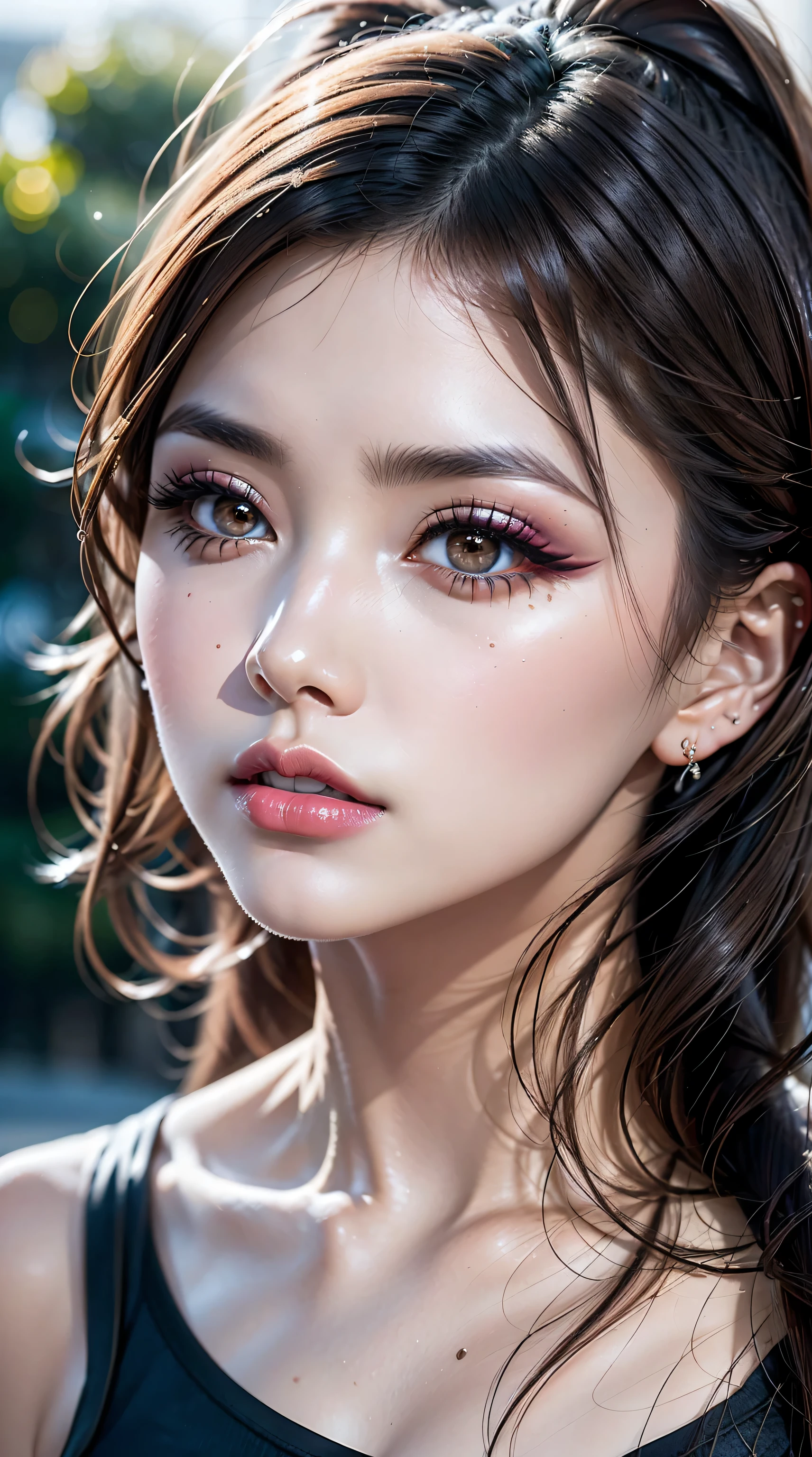 Divide Ratio : 1,1,1 Base Ratio : (a girl in a garden:1.2),(details of a very beautiful face)(best quality:1.4)16k resolution,(photo realistic:1.45), (realistic:1.45), 16k, HDR, (vivid colors), beautiful detailed lips, (red_lipstick:1.2), BREAK (Black hair twintail:1.2), sharp focus, physically-based rendering flowers in the background:1.2 soft sunlight, BREAK beautiful detailed eyes ((brown_eyes:1.2)) close up of a woman's eye with a digital rendering, BREAK (long blue_eyelashes:1.1), BREAK (pink_makeup:1.2), BREAK (white tanktop:1.3), 