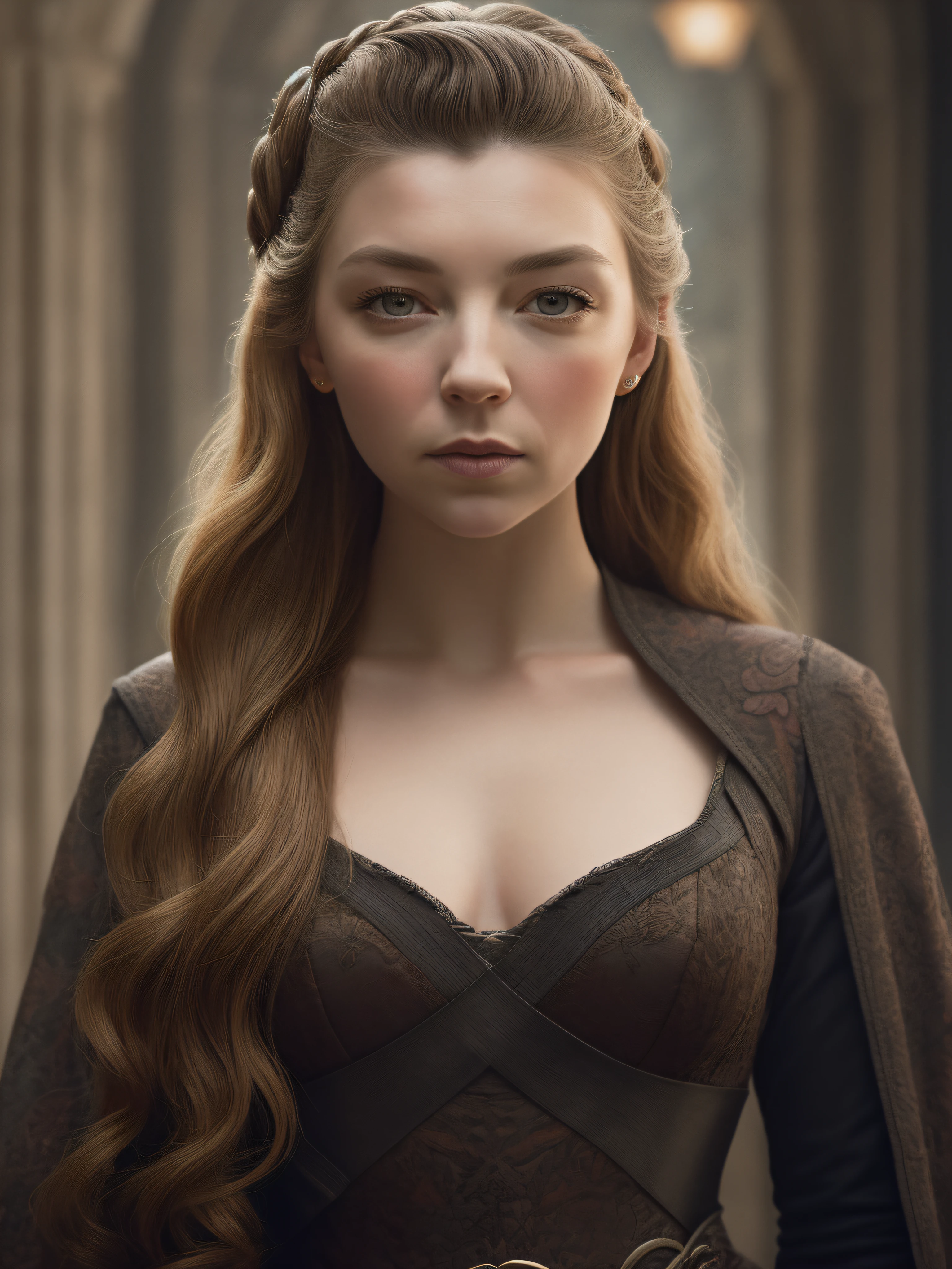 (Margaery Tyrell from the series "A Guerra dos Tronos"), inspirada em Natalie Dormer, auto retrato hiper-realista, 8k UHD, DSLR, grain of film, pintura fotorrealista Fujifilm XT3 arte midjourney, ((Auto retrato de corpo inteiro)),