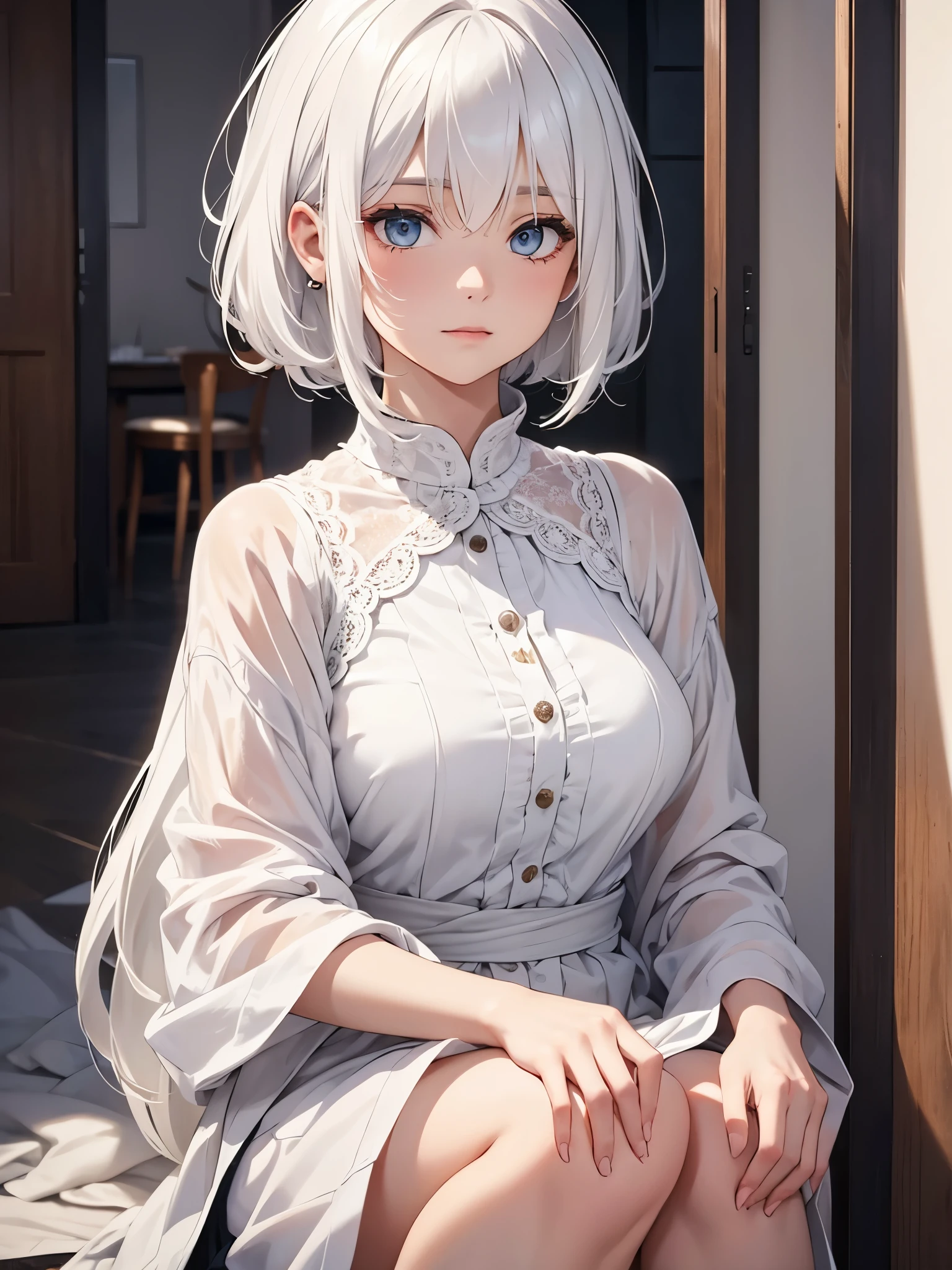 Anime girl with white hair sitting on the floor in a room - SeaArt AI