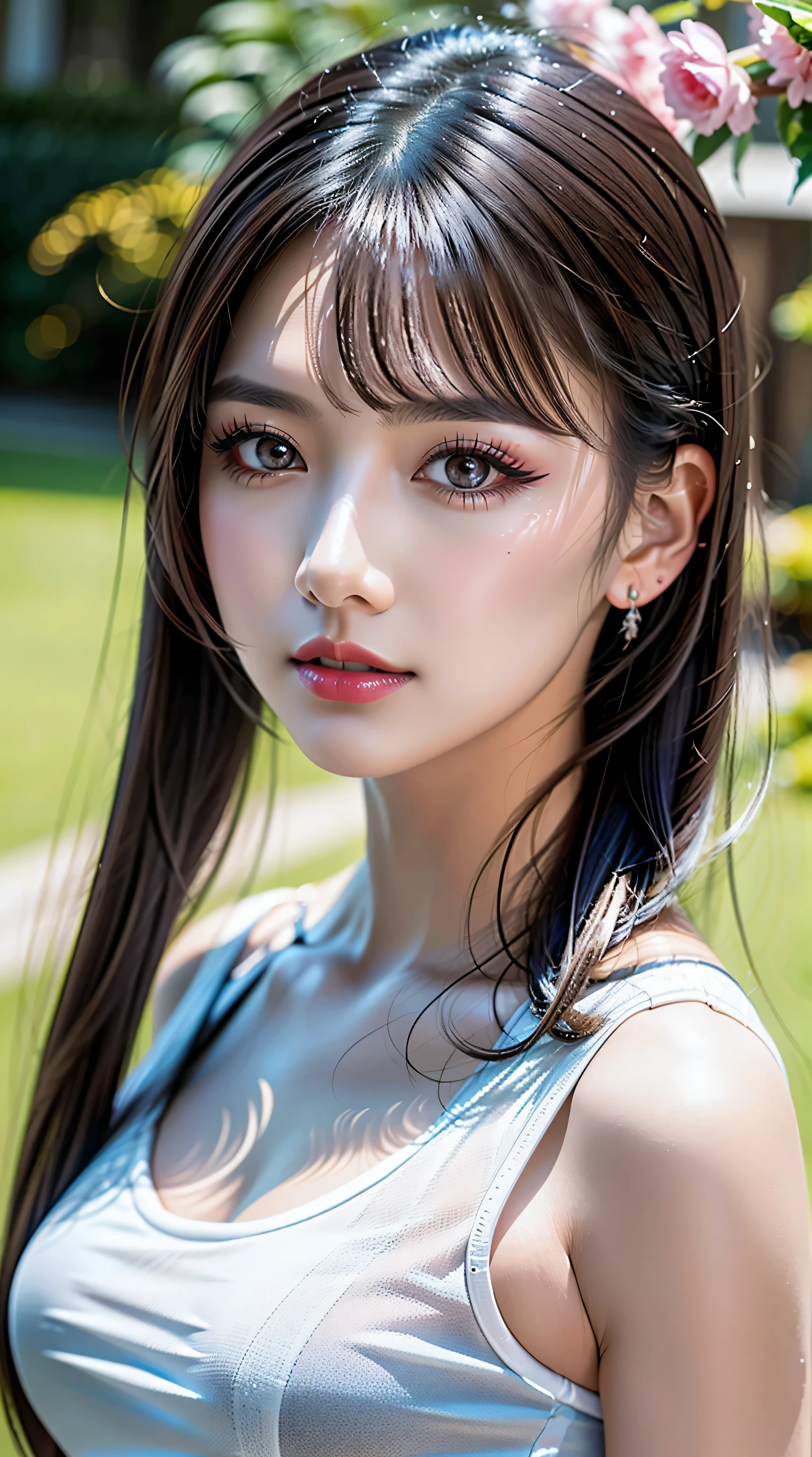 Divide Ratio : 2,2,2 Base Ratio : (a girl in a garden:1.1),(details of a very beautiful face)(best quality:1.4)16k resolution,(photo realistic:1.45), (realistic:1.45), 16k, HDR, (vivid colors), beautiful detailed lips, (red_lipstick:1.2), BREAK (Black hair twintail:1.2), sharp focus, physically-based rendering flowers in the background:1.2 soft sunlight, BREAK beautiful detailed eyes ((brown_eyes:1.2)) close up of a woman's eye with a digital rendering, BREAK (long blue_eyelashes:1.1), BREAK (pink_makeup:1.2), BREAK (white tanktop:1.3), BREAK, greenery,relaxed expression,dainty jewelry,friendly atmosphere,detailed background,harmonious colors,subtle shadows,peaceful ambiance,gentle breeze,faint sunlight,lush garden,beautiful flowers,delicate features,vibrant eyes,rosy cheeks,