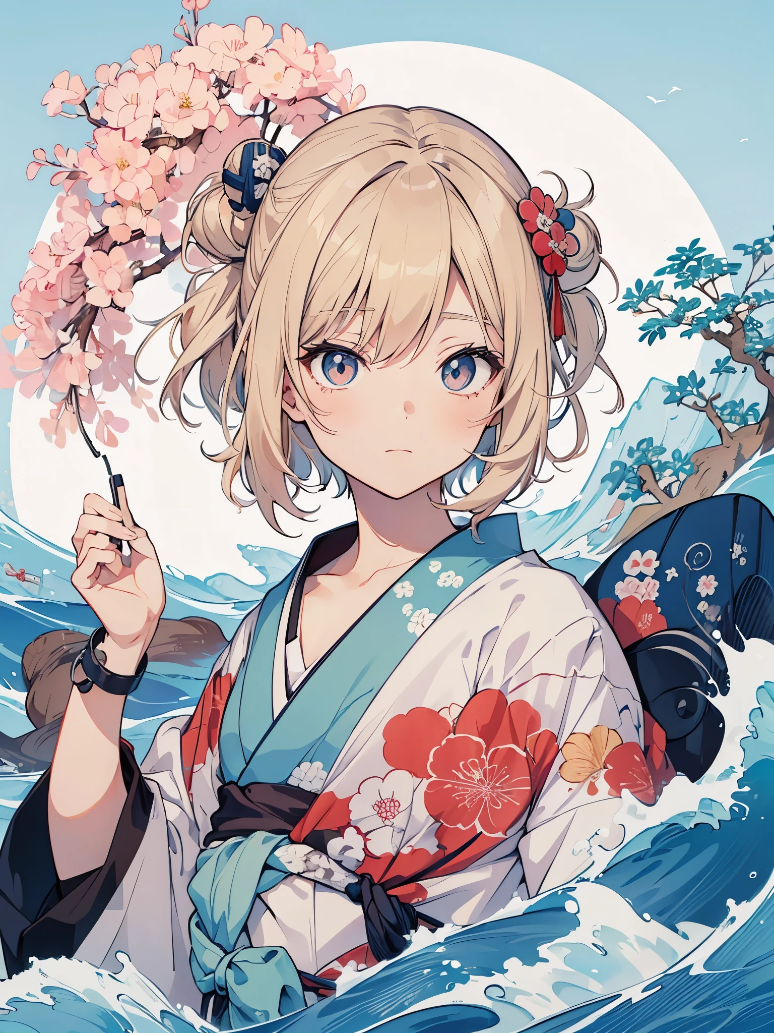 Japanese style t-shirt design, Hokusai Wave, Hokusai Stil, with modern anime elements, blonde hair, blue eyes, Pastelfarben, 1girl, cute, kawaii, Sweet, Pastel, 