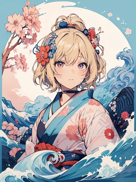 T-Shirt Design im japanischen Stil, Hokusai Welle, Hokusai Stil, mit modernen Anime Elementen, blonde Haare, blaue Augen, pastel...