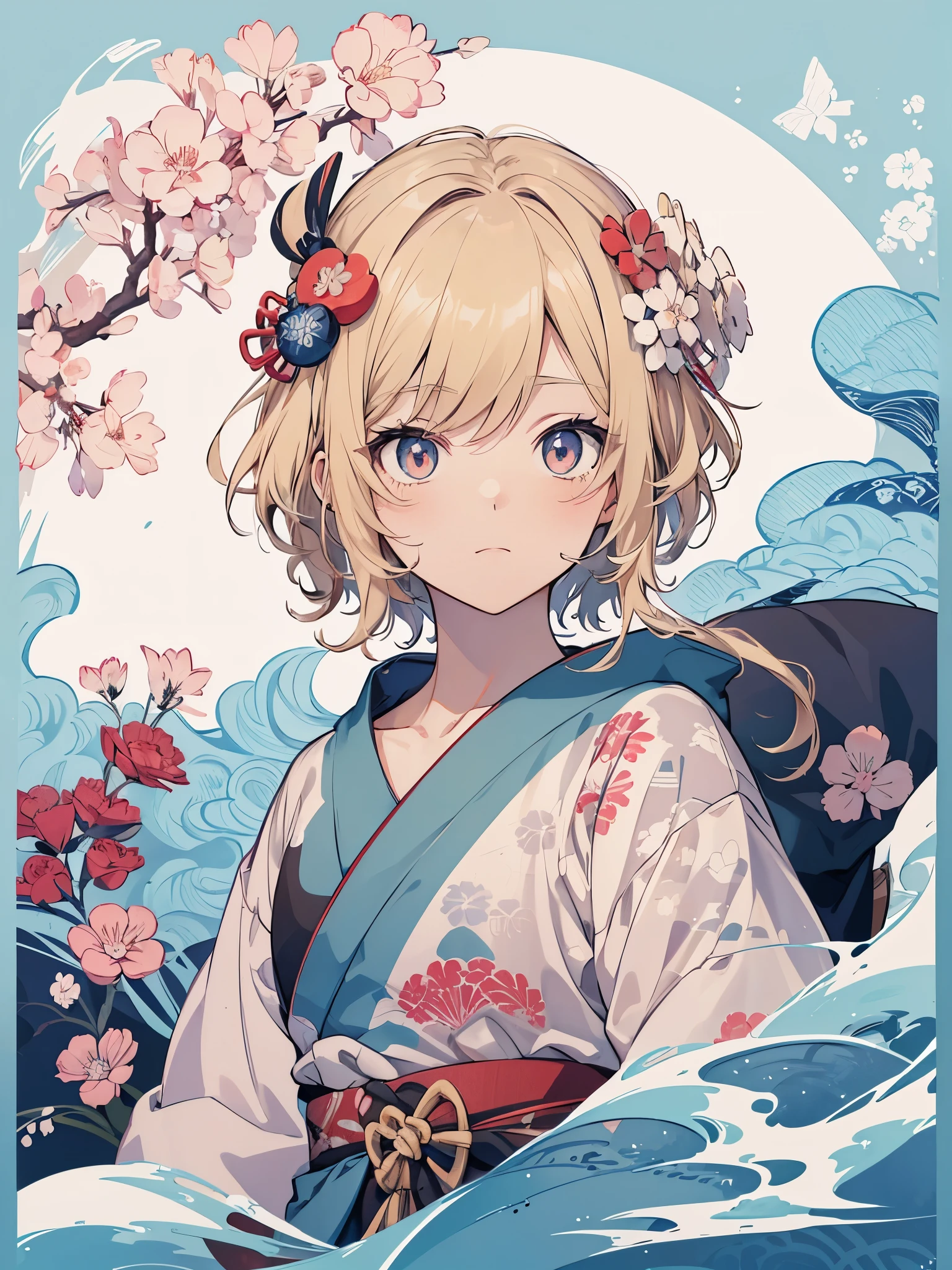 Japanese style t-shirt design, Hokusai Wave, Hokusai Stil, with modern anime elements, blonde hair, blue eyes, Pastelfarben, 1girl, cute, kawaii, Sweet, Pastel, 