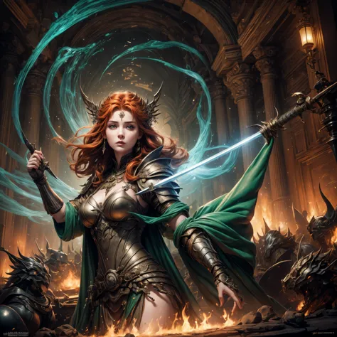 (best quality,4k,8k,highres,masterpiece:1.2),ultra-detailed, 1woman, Irish goddess Brigid, Auburn hair, Iron armor over druid ro...