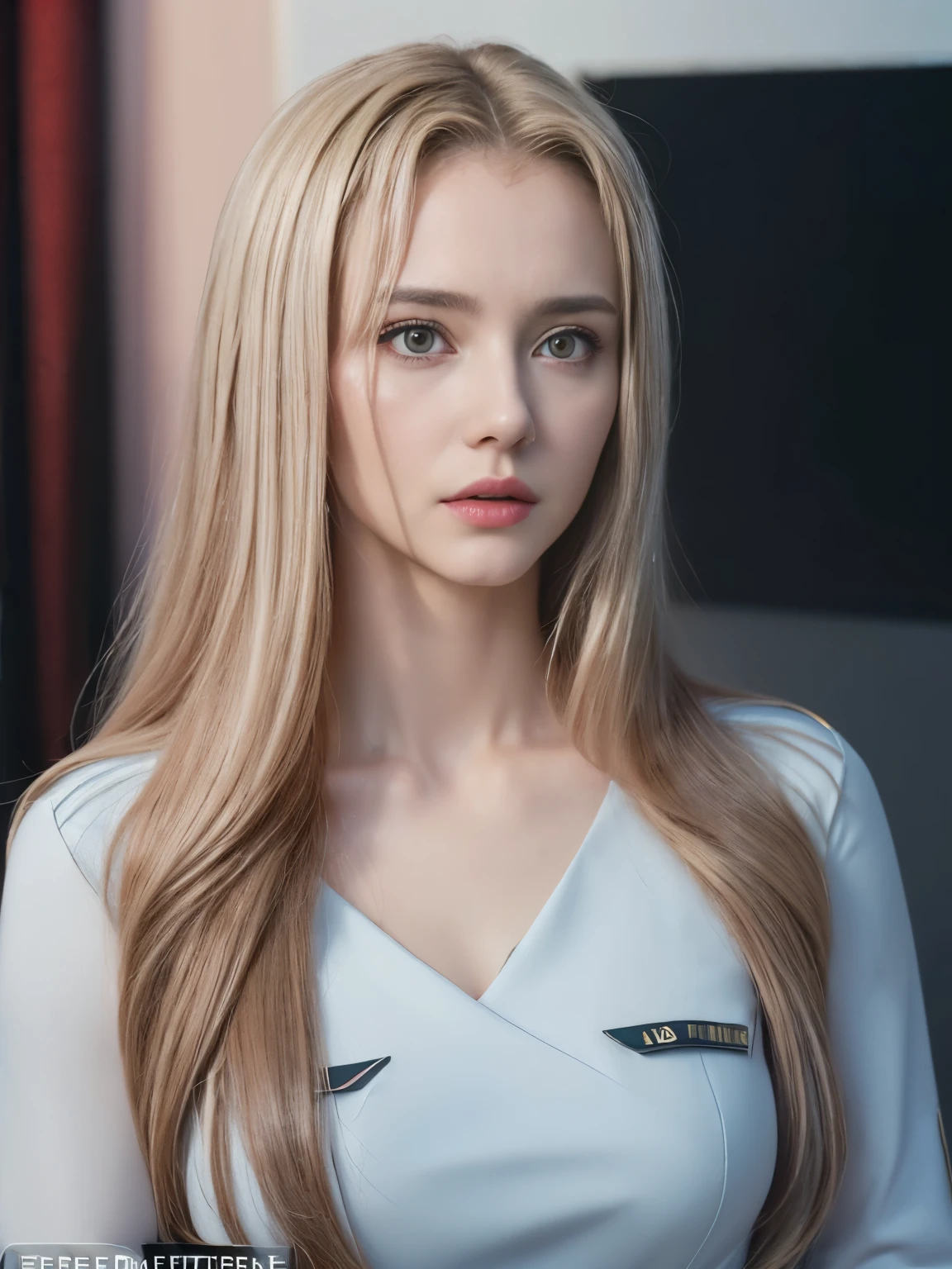 (realistic, formal dress, (action war movie poster), (foundation movie reference:1.8), realistic, air force general uniform, (realistic face resolution), cinematic pose, adult, skinny, tall, one long-haired dark blonde woman, serious face, sci-fi, sci-fi, diverse supporting characters)