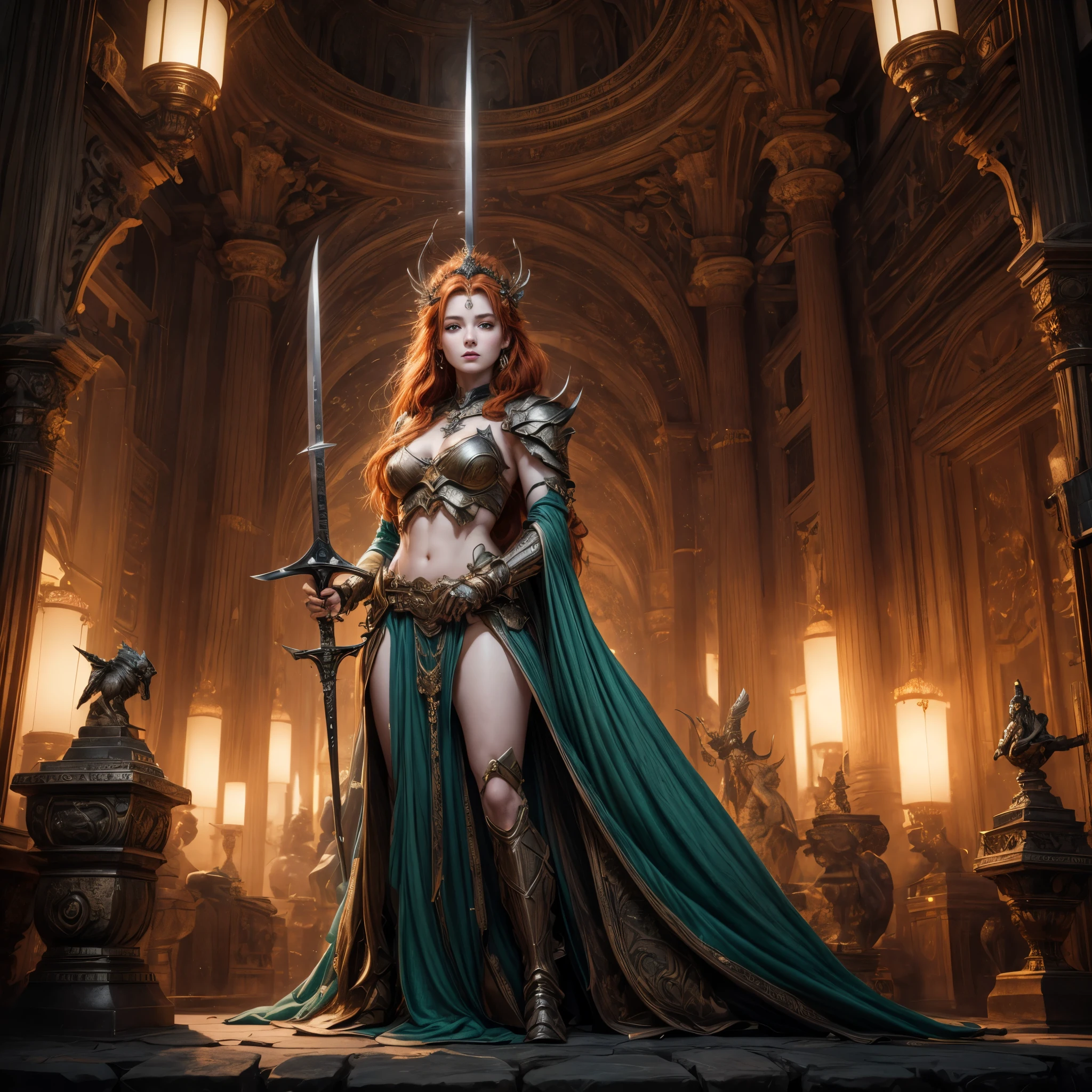 (best quality,4k,8k,highres,masterpiece:1.2),ultra-detailed, 1woman, Irish goddess Brigid, Auburn hair, Iron armor over druid robes, forging a sword, determined eyes, drawn in the style of Yoshitaka Amano, sks woman, HDR, 8k, absurdres, cinestill 800, sharp focus, add_detail:2