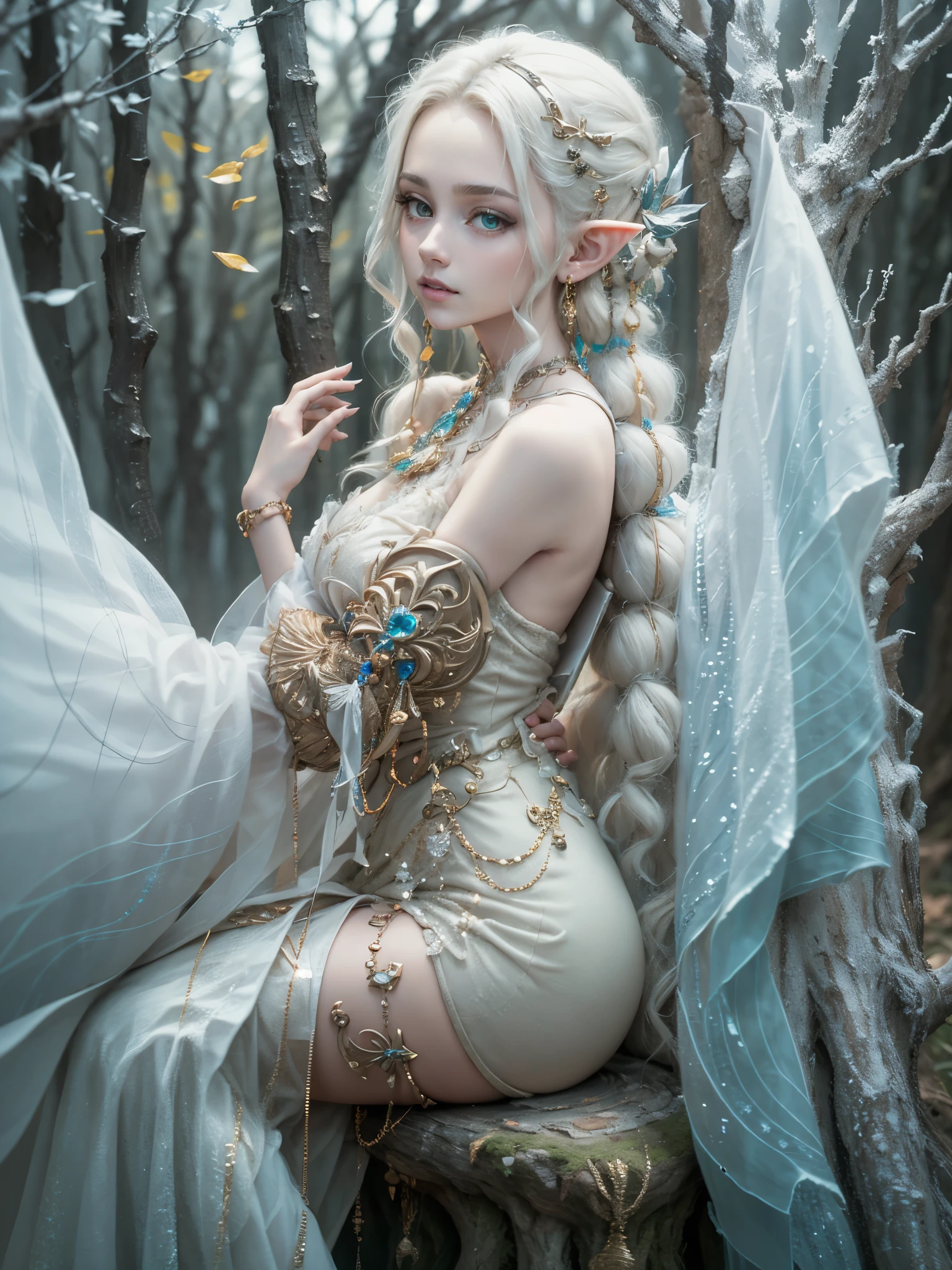 Masterpiece, 1girl, Lúthien Tinúviel, pretty face,black hair, elf, middle earth, busty,, pointy ears, Forrest , golden hour , elf dress, white robe, looking at camera,, confident look , sitting on tree stump 