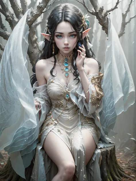 Masterpiece, 1girl, Lúthien Tinúviel, pretty face,(black hair:1.6), elf, middle earth, busty,, pointy ears, Forrest , golden hou...