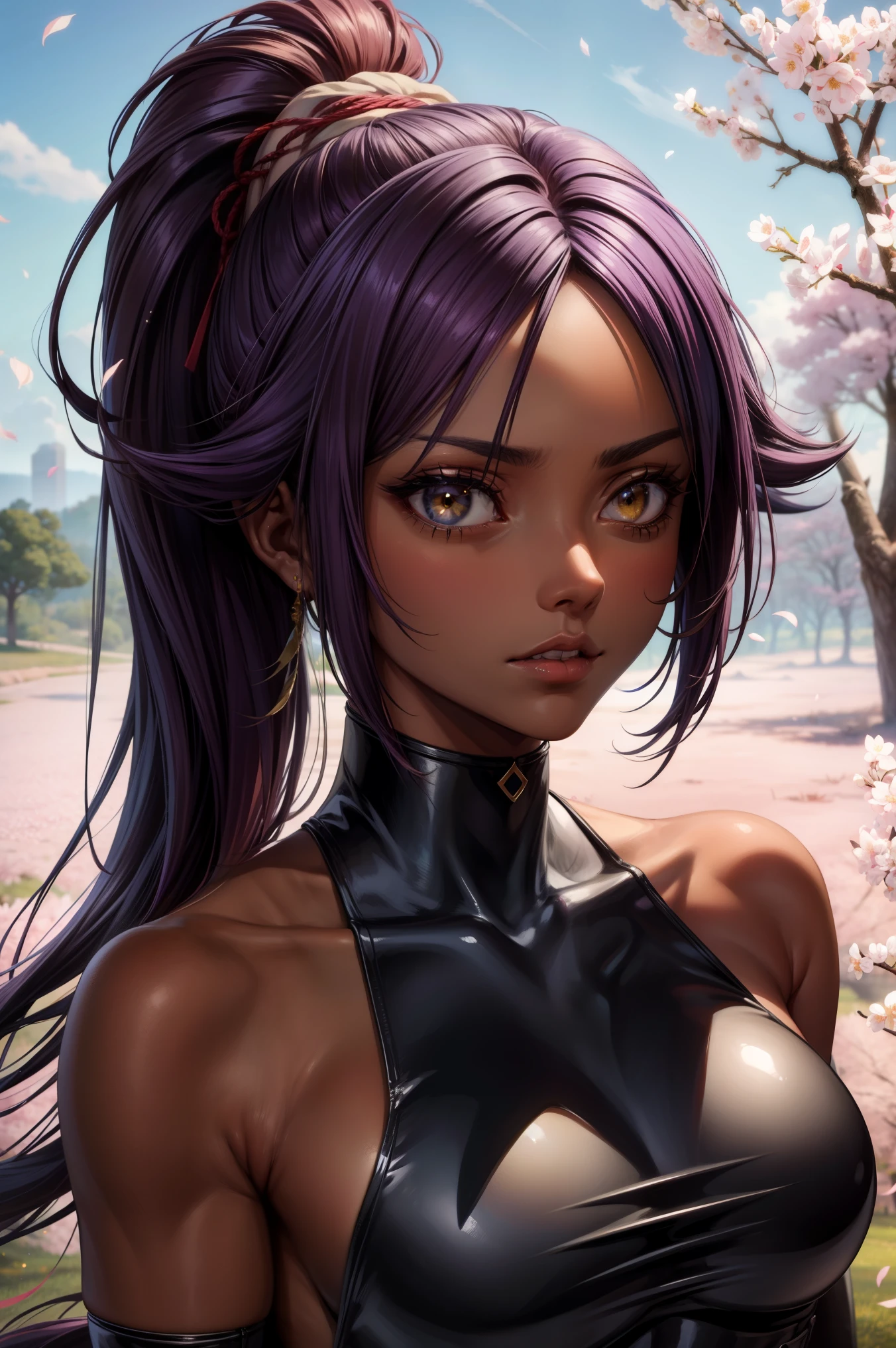 (masterpiece), best quality, expressive eyes, perfect face, looking at viewer, 1girl, solo, (portrait), (upper body), mature female, closed mouth, (((dark-skinned female))), (((dark skin))), (leotard), black leotard, elbow gloves, bare shoulders, collarbone, yellow eyes, purple hair, long hair, ponytail, (forest), (spring), cherry blossoms, sky, yoruichi