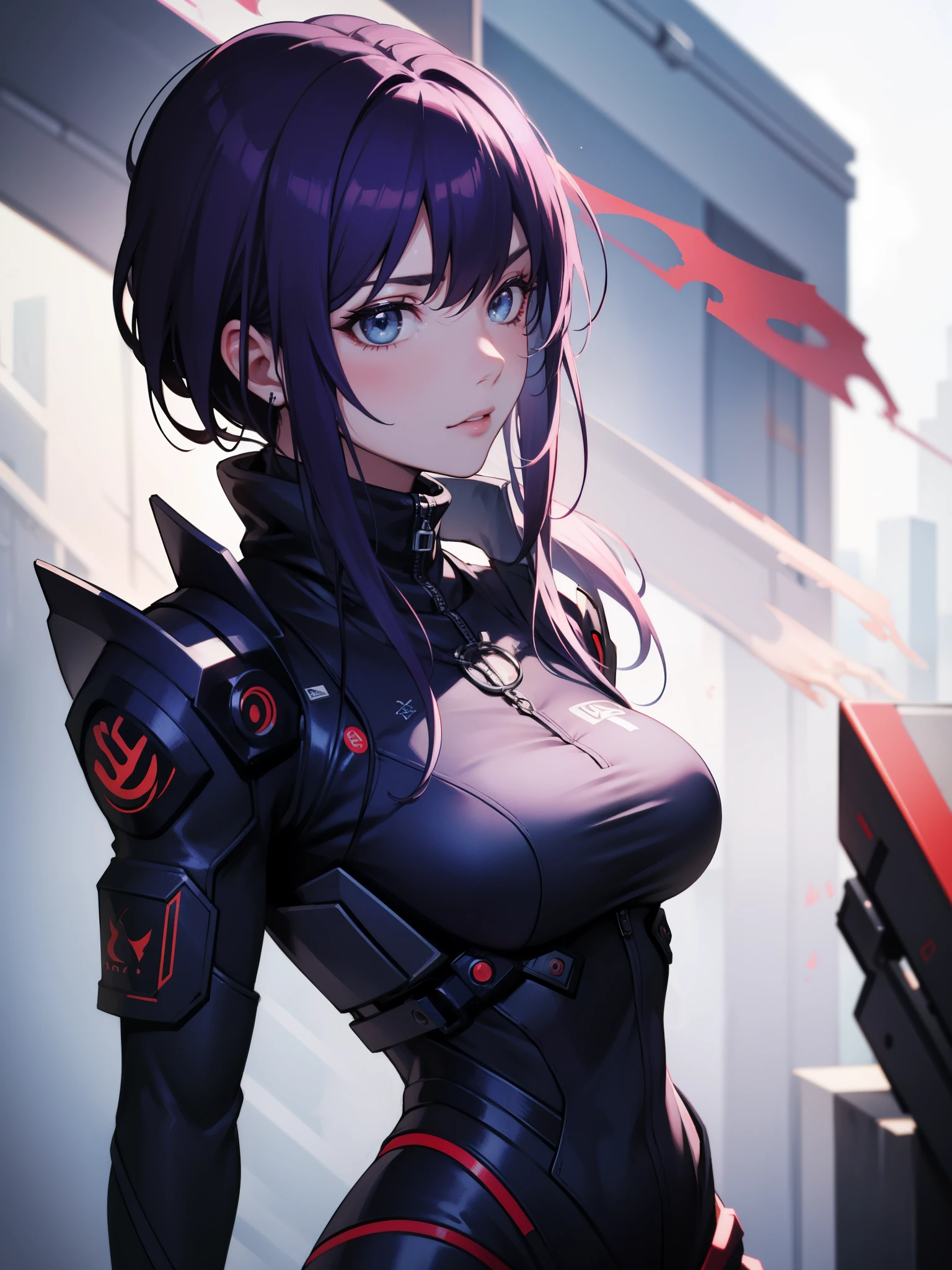 alta qualidade, premiado, high resolution, 8K solomastery, solo, 1woman, from the front, mature, milf, purple cut hair, blue eyes, serious eyes, smoke, cyberpunk suit , mulher alta, 29 anos, milf, serious look