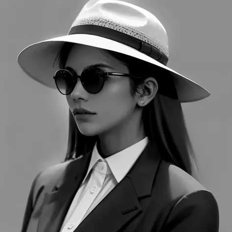 a woman wearing sunglasses and a hat, no estilo de preto e branco, vray tracing, Tamron sp 70-200mm f/2. 8 of you usd G2, fotogr...