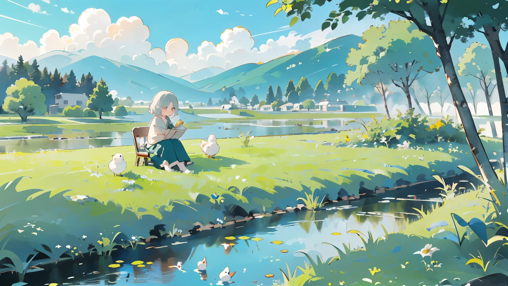 ((A girl sitting by the pond))，(Play in the fields, paddy，Cute ducks, cute girls), Ghibli background style, Yuru Chara Style，Cute storybook illustration, , 柔和的Light, cream, Giorgio Morandi Colors, thick line graph, Full color illustration, Forest picnic, cover illustration, landscape，truck，grassy fields，grassy，plant，natural style, (Light:1.0)，masterpiece，best quality,