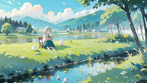 ((A girl sitting by the pond))，(Play in the fields, paddy，Cute ducks, cute girls), Ghibli background style, Yuru Chara Style，Cut...