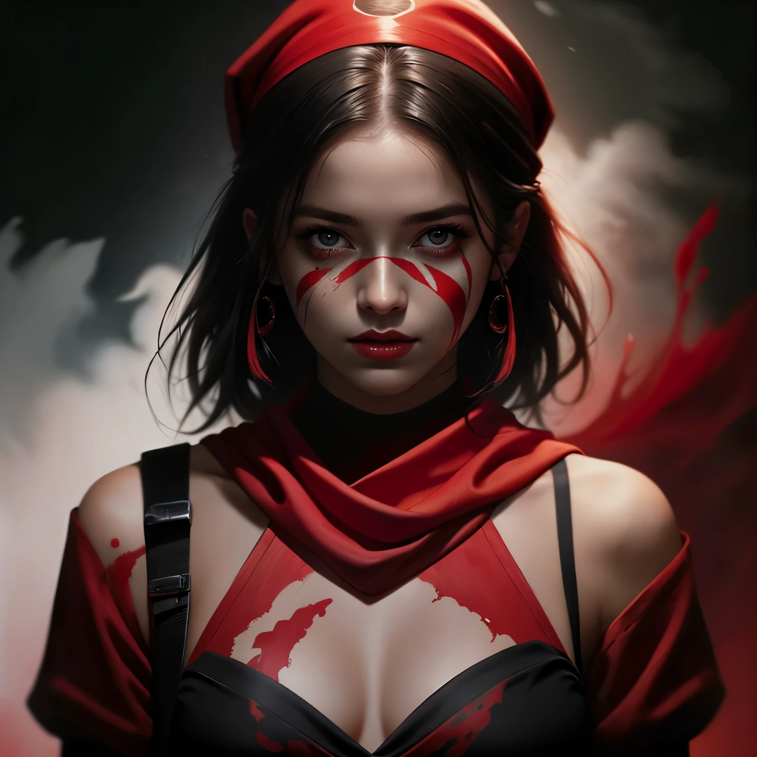 une peinture d&#39;une femme-ninja avec de la peinture rouge sur le visage, art, inspiré par Magali Villeneuve, tenue de ninja, couvert de poussière, bandana rouge, veille ventrue, peinture du chaos