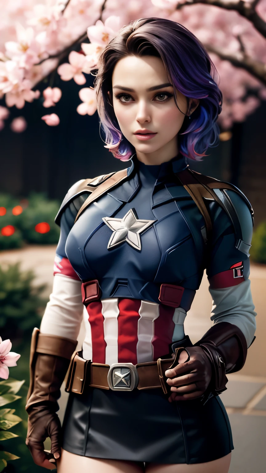 photo of celebrity, RAW, beautiful woman, ((portrait)), ((detailed face, colorful rainbow hair:1.2)), ((detailed facial feature, detailed skin, clear skin, parted lips), (perfect proportioned body, medium breasts, cleavage), (wearing Short skirt in Captain America style: 1.5)), (high detailed beautiful gardens，The garden is filled Cherry blossoms all over the ground, flowers: 1.3), (realistic photo, best quality, detailed), (8k wallpaper), (cinematic lighting, dramatic lighting) (sharp focus, intricate)