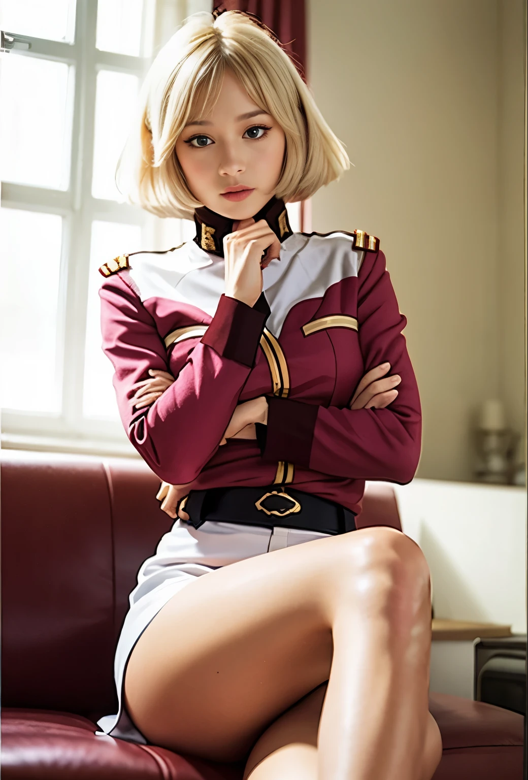 real photos、Highest image quality、real image、federal army uniform、mini skirt、bare legs、Frau Bow、cute girl、1６old beautiful girl、Sayla Mass、（white panties:1.3）、超mini skirt、beautiful thighs、white pantieini skirtがめくれてwhite pantiesが見えてる