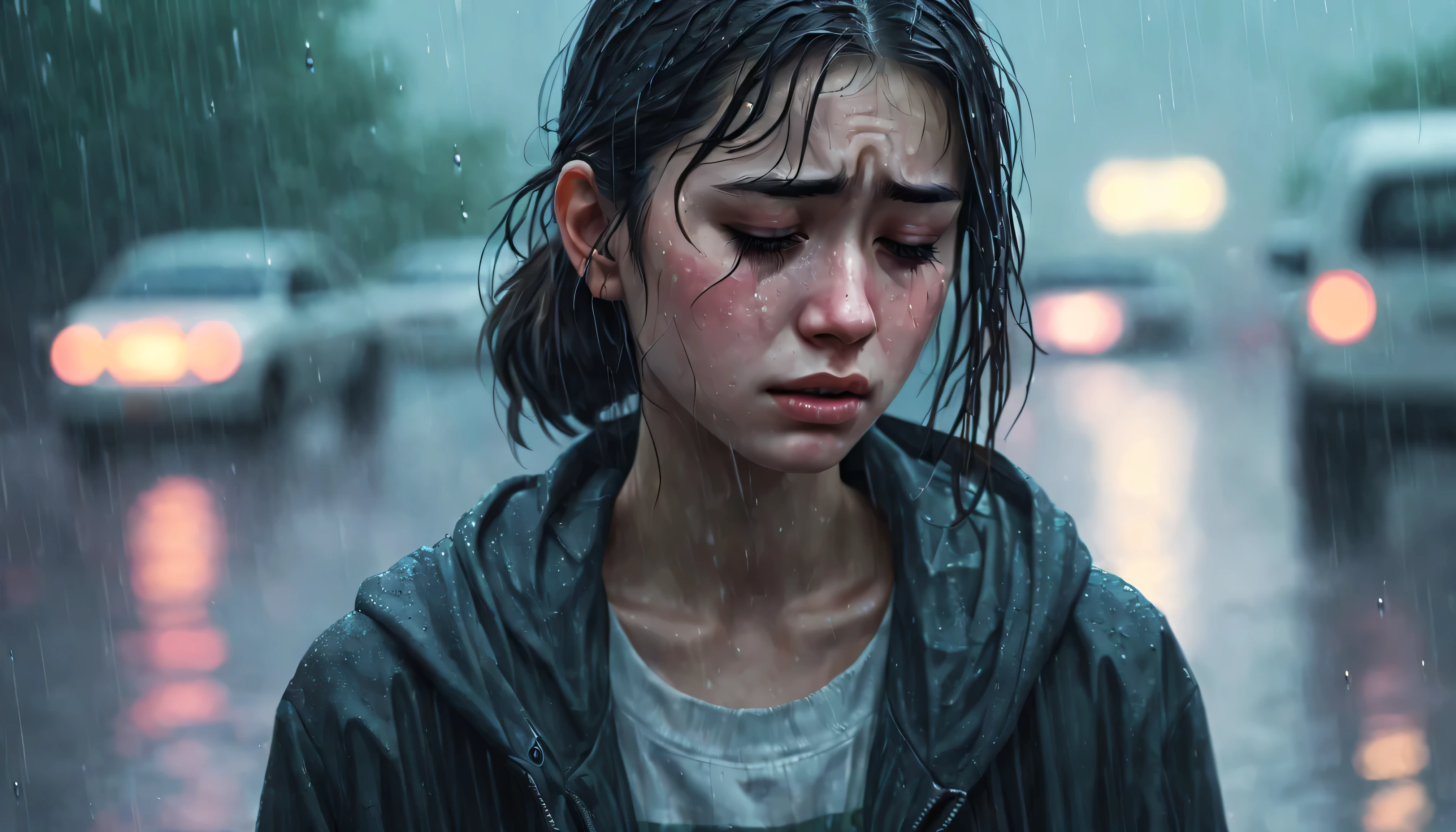 Uma garota chora na chuva melancólica, CENA, retratado em estilo lo-fi onírico no ArtStation. Seu rosto manchado de lágrimas é lindamente capturado., sua tristeza é palpável em gotas suaves, caindo ao redor dela. As sombras da chuva criam uma atmosfera de tristeza agridoce, e a atenção aos detalhes na expressão facial da garota é incrível.. Esta imagem carregada de emoção evoca um sentimento de empatia e introspecção.., demonstração do autor&#39;habilidade e arte.
