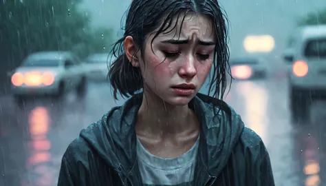 A girl cries in the melancholy rain, Scene, depicted in dreamlike lo-fi style on ArtStation. Her tear-stained face is beautifull...
