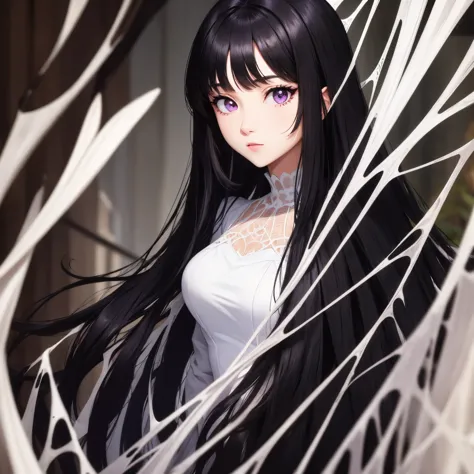 1girl, black hair , purple eyes , very white skin, over spider web
