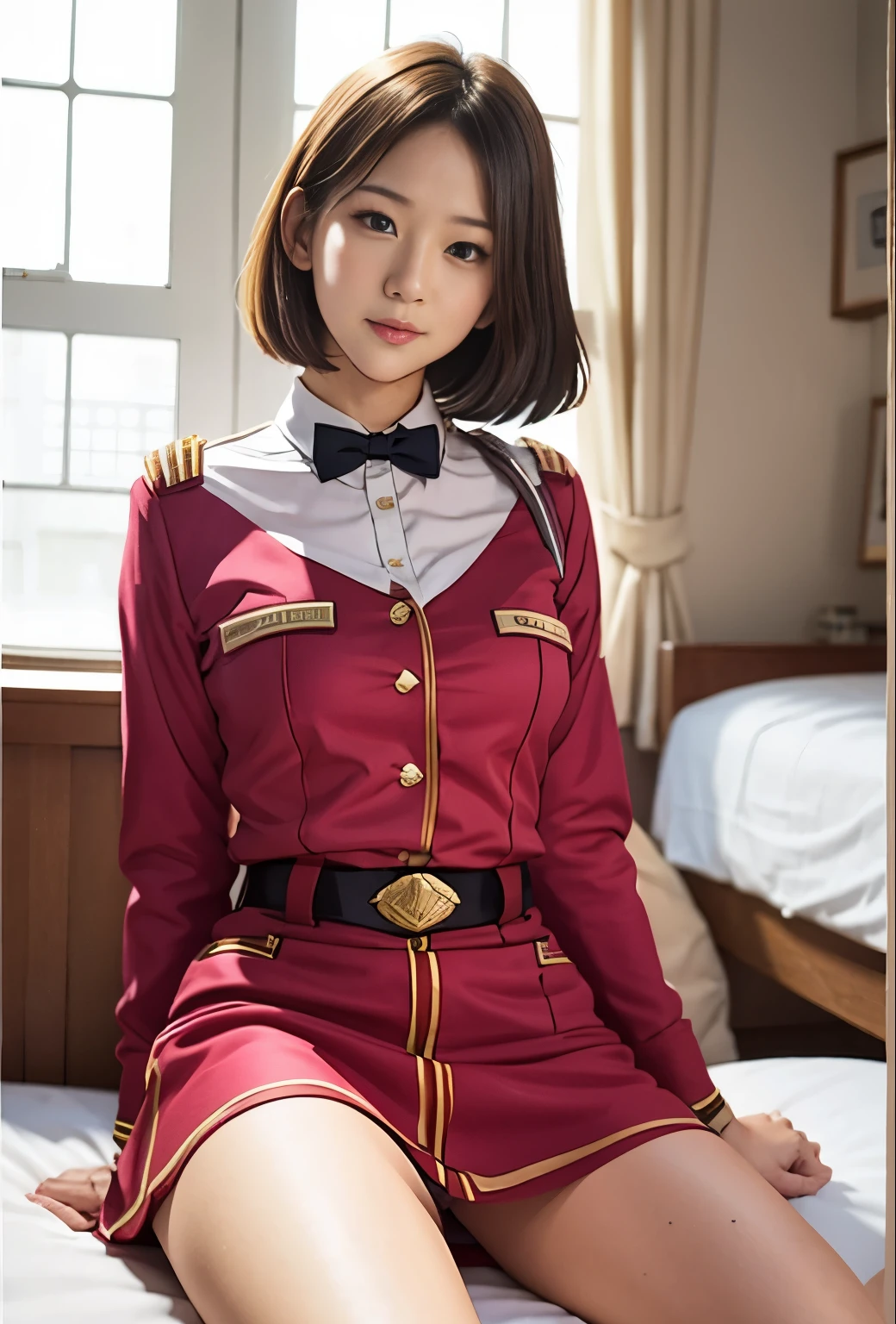 real photos、Highest imAge quality、real imAge、federal army uniform miniskirt、16Age日本人女性、Mrs Bow、cute girl、Her white panties are completely visible、1６Age、（white panties:1.3）、super mini skirt、beautiful thighs、white panties、Her red mini skirt flips up, revealing her white panties
