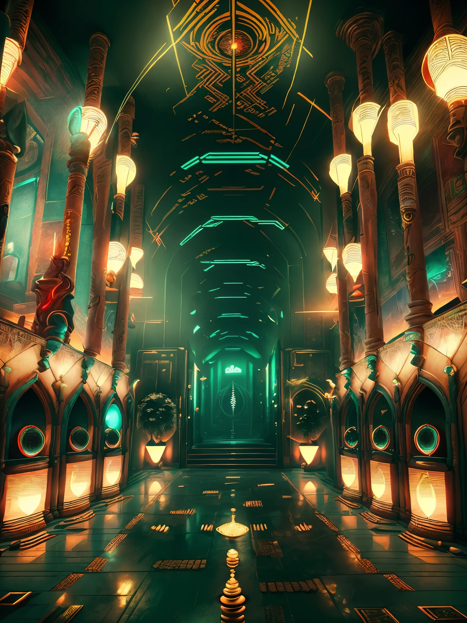 Corridor with paintings of men and women , null, no human, scenery, architecture, pillar, picture, Stained glass, church, arch , building, city, ((no_human, scenery , Beeple, cyberpunk style, cyberpunk art, retro future , occult , difficult to understand )), ((The depiction has depth from the bottom to the back.)). taj mahal style