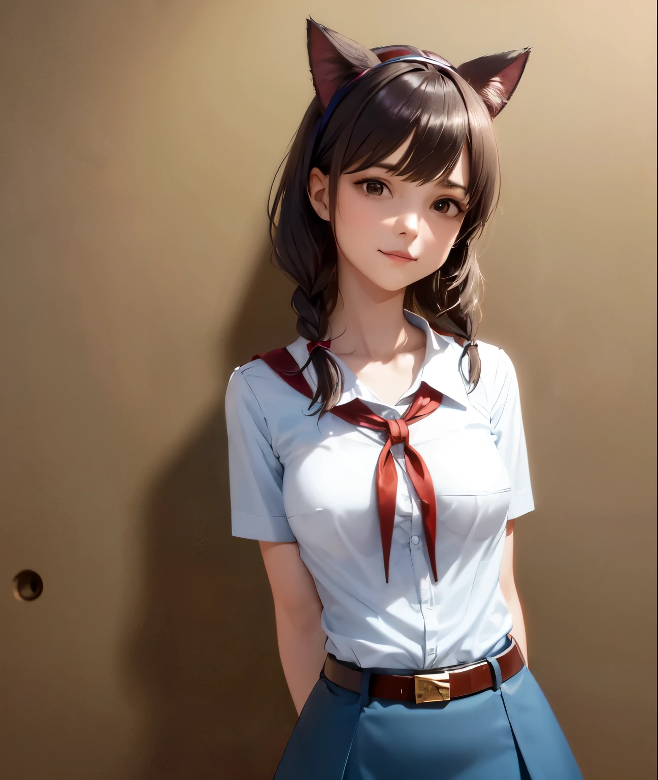 very young slim fit girl, pioneer neckerchief, very short blue skirt, bangs, collarbone, tight white shirt, bursting breast, short sleeves, collared shirt, belt, red neckerchief, full height, rounded face, very long disheveled dark brown hair, big brown eyes, sluty smile, perfect flat breast, band on head with fake cat ears, monroe