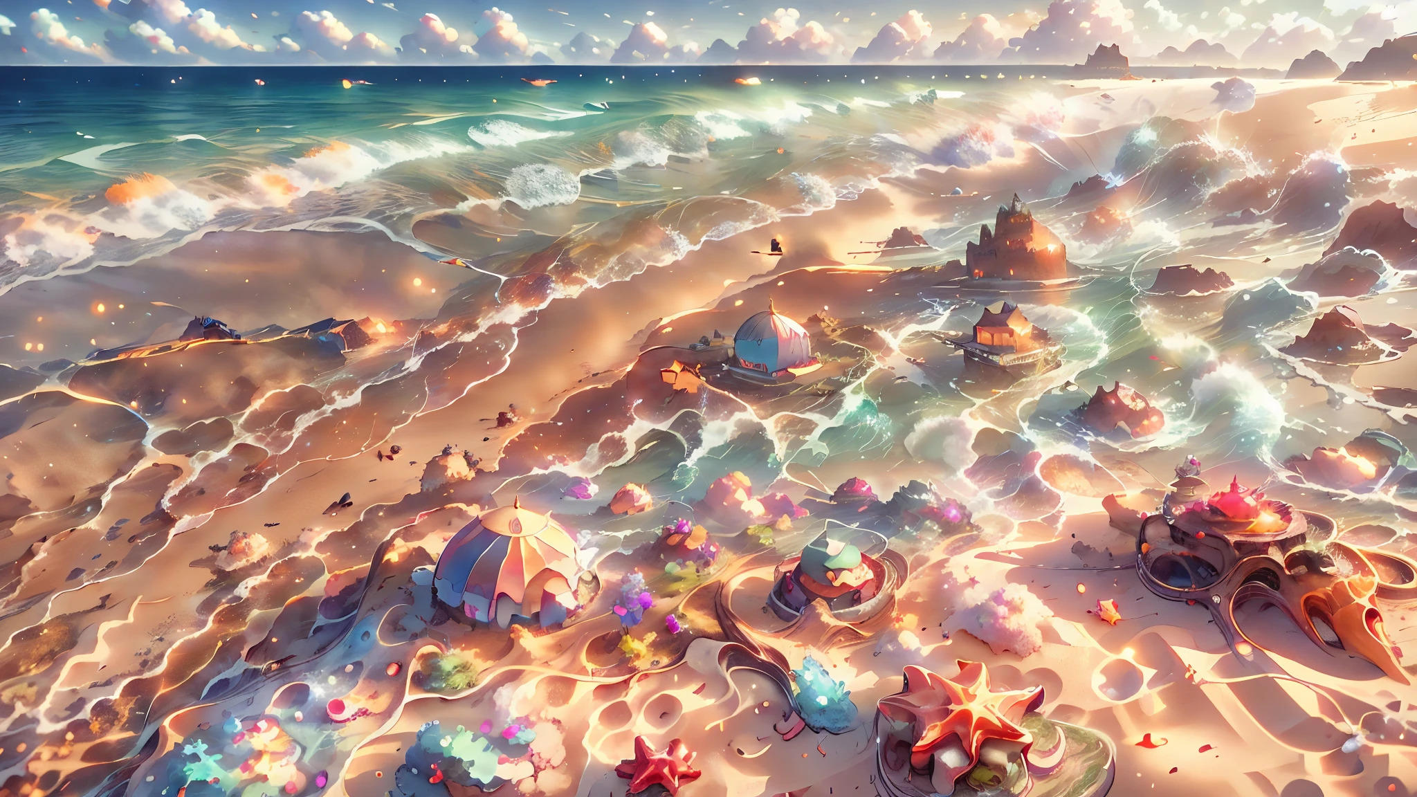 Masterpiece, best quality, 8k, panoramic view, magical scenery, outdoor day, Beach, Sand that looks like a golden carpet. Sky, cloud, day, without humans, soft sound, waves, Starfish, chatty crabs, noisy seagulls, which filled the environment with their animation.