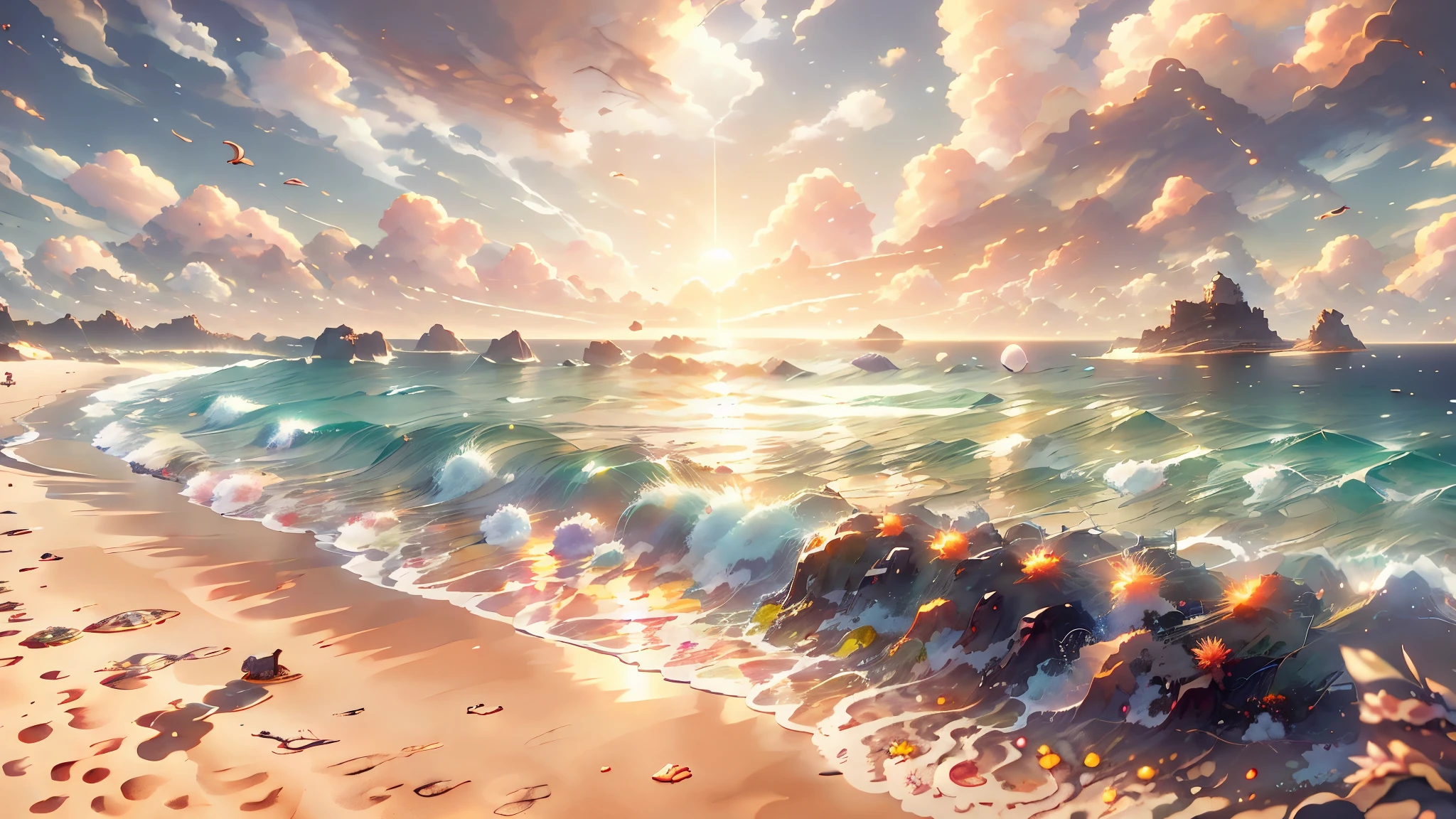 Masterpiece, best quality, 8k, panoramic view, magical scenery, outdoor day, Beach, Sand that looks like a golden carpet. Sky, cloud, day, without humans, soft sound, waves, Starfish, chatty crabs, noisy seagulls, which filled the environment with their animation.