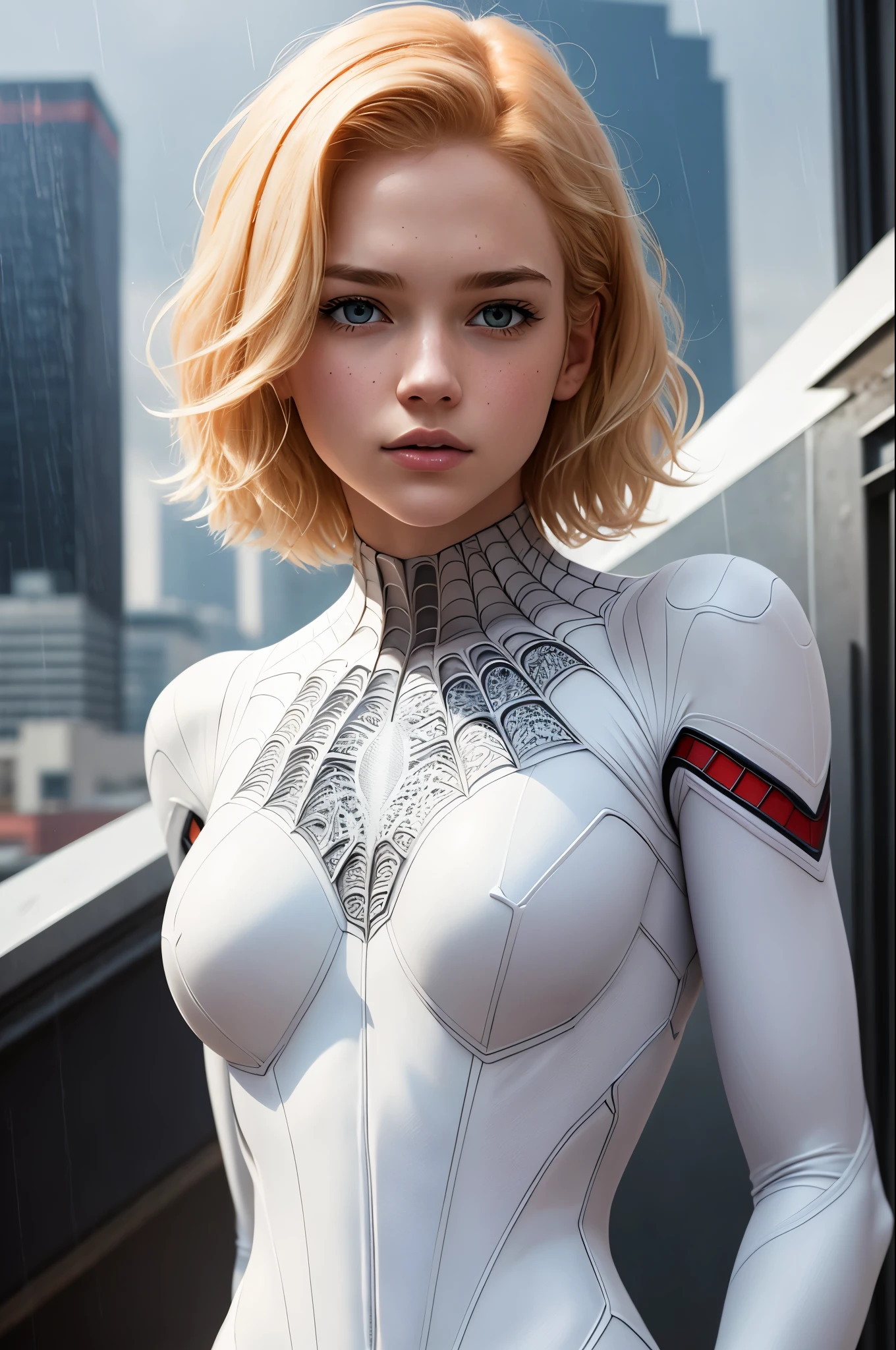 18 Jahre altes Mädchen, weißer Spiderman-Anzug, kurzes stumpfes Haar, blonde, schönes Gesicht, Regen, Dach, Meisterwerk, komplizierte Details, perfekte Anatomie, Rothaarige, fotorealistisch