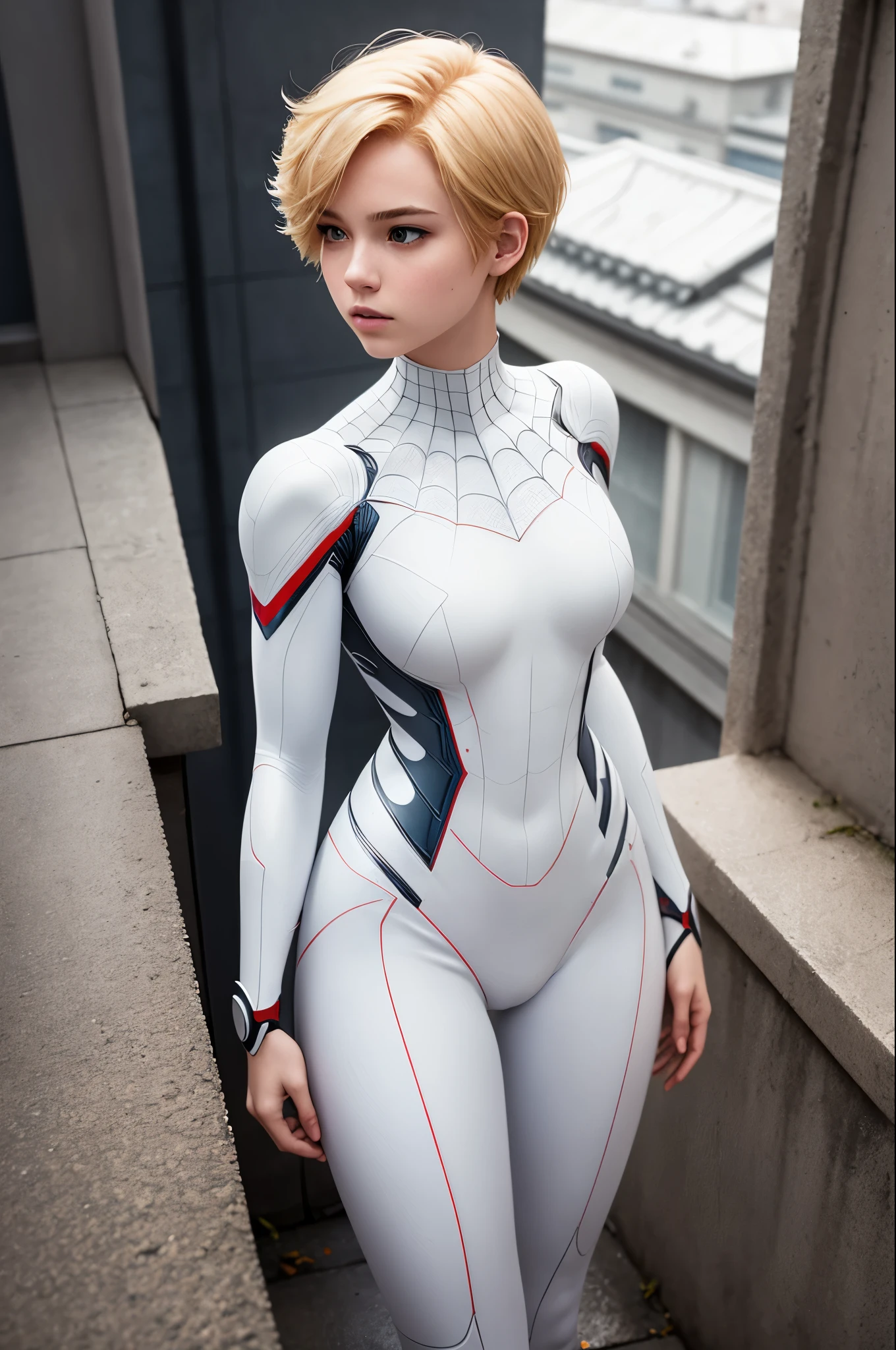 18 yo girl, white spider man suit, short blunt hair, blonde, beautiful face, rain, roof, masterpiece, intricate detail, perfect anatomy, redhead, photo realistic