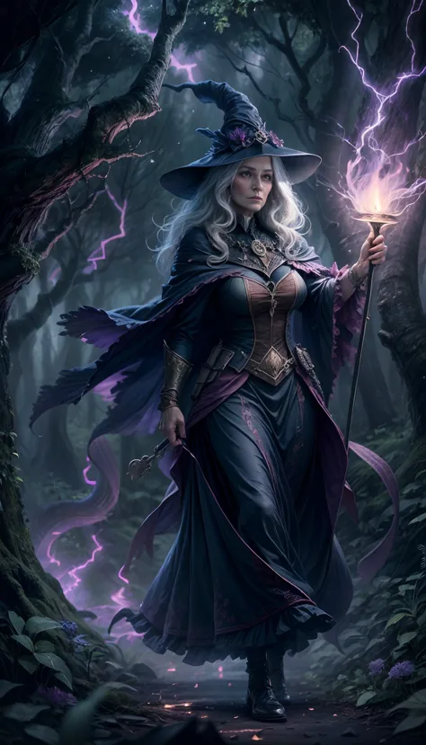 soul card, line, full shot (front view), classic elder witch walking through the deep forest, (night lightning)