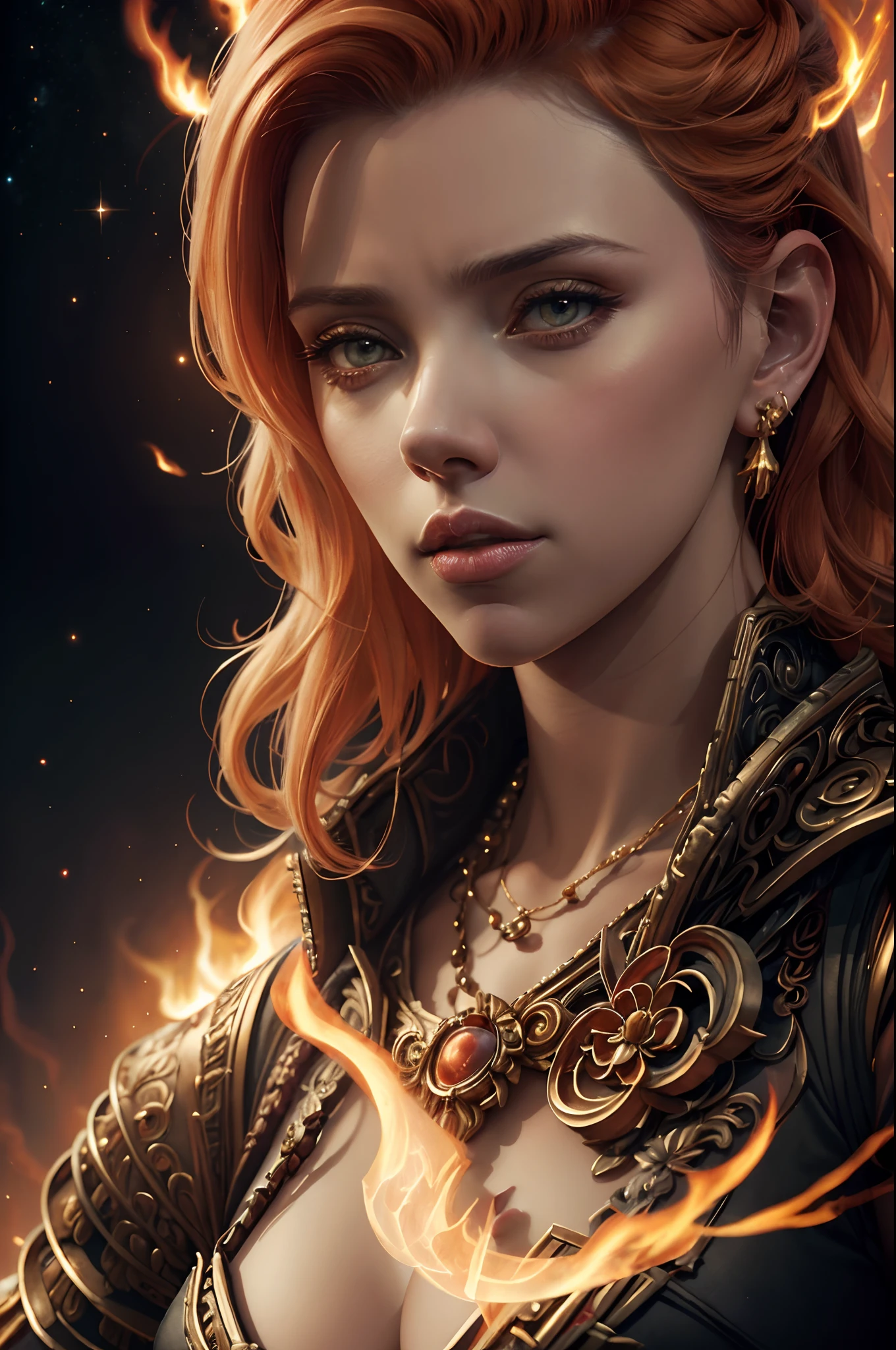 watercolour fantasy style portrait, actress Scarlett Johansson, celestial being, goddess of war and flame, thoughtful serious face, detailed glowing orange eyes, short gold hair, flames around and dark space background, stylized watercolor digital illustration, attractive, fashion, cinematic light, tender colours, luminism, highly detailed, character sheet, 8k UHD, masterpiece, ultra fine detail