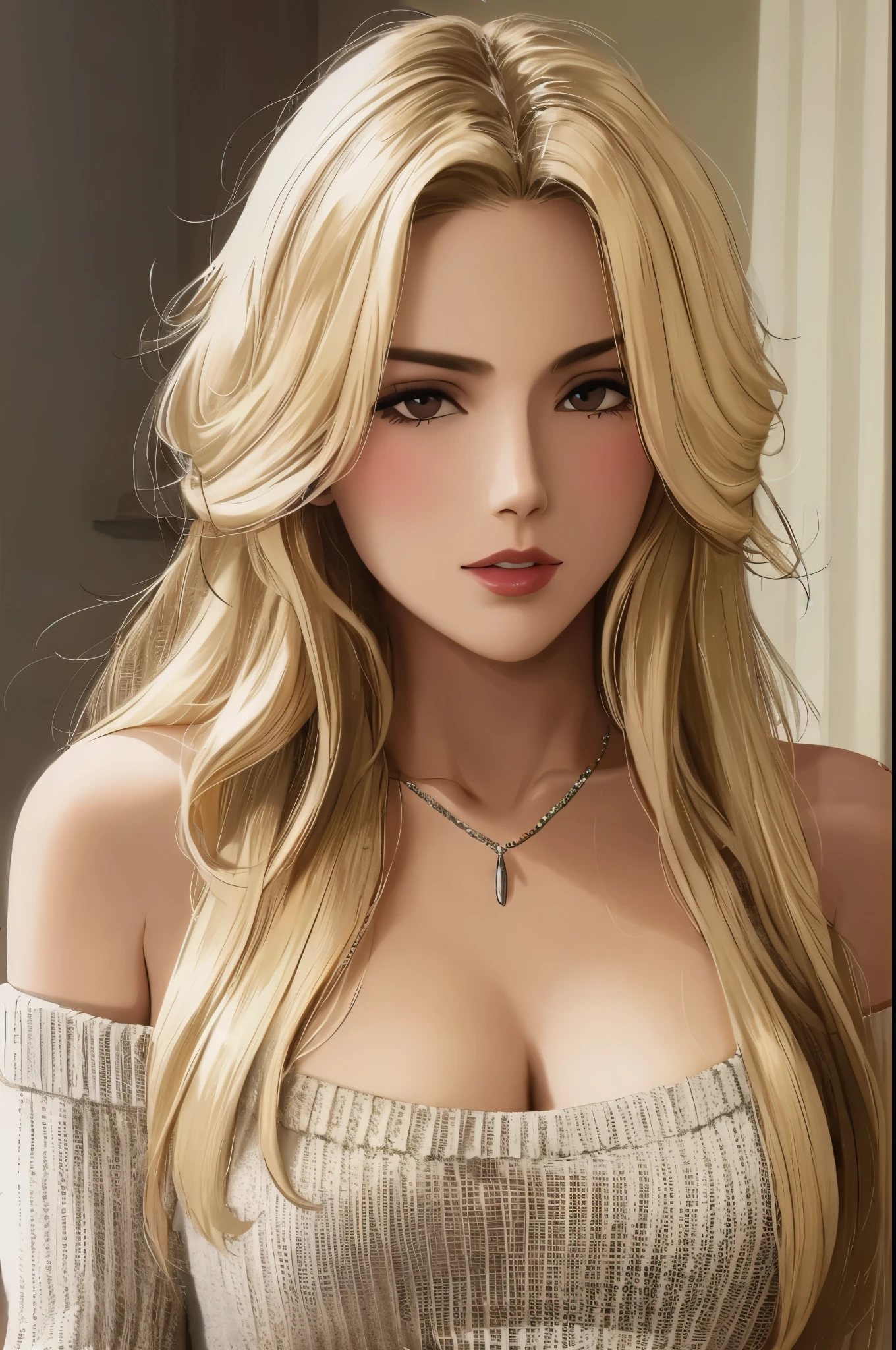 1girl in, age19, Solo, Long hair, Colossal tits, Looking at Viewer, blondehair, Bare shoulders, Brown eyes, jewely, Full body, a necklace, off shoulders, Sweaters, Realistic, A sexy