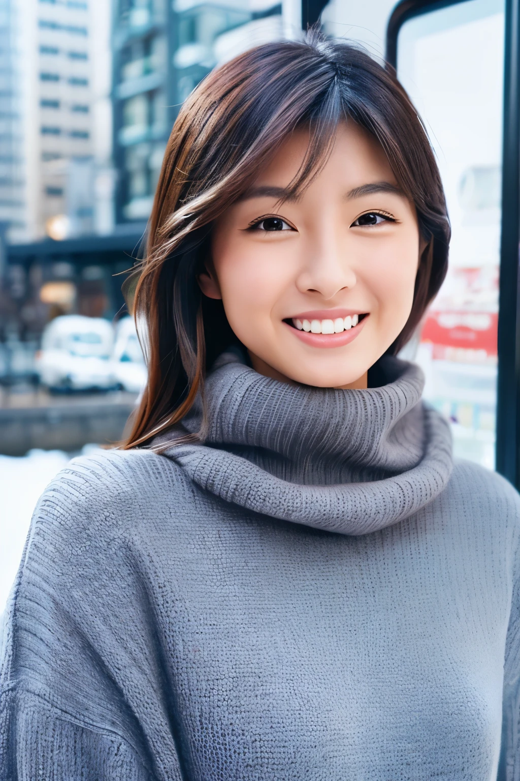 The face of the hostess、turtleneck wool sweater、hiquality、A hyper-realistic、healthy、Smiling expression、Slender perfect figure、Japan Beauty、 perfect  eyes、Beautiful skin、The upper part of the body、Snowy city