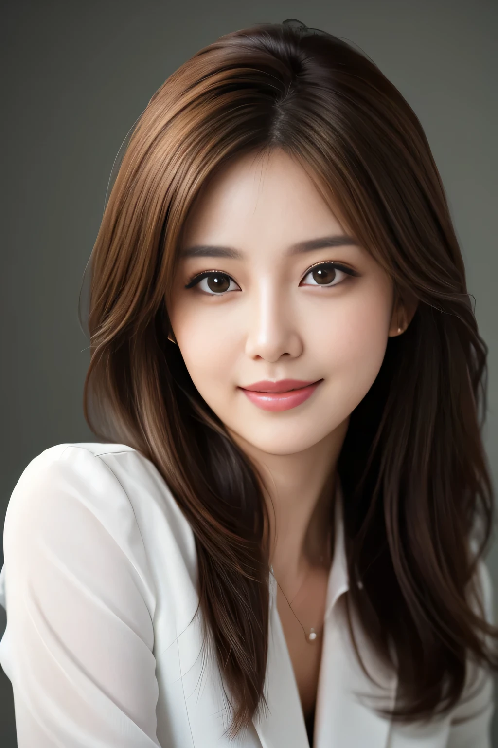 table top, highest quality, realistic, Super detailed, finely, High resolution, 8k wallpaper, 1 beautiful woman,, light brown messy hair, wearing a business suit, sharp focus, perfect dynamic composition, finelyて美しい目, thin hair, Detailed and realistic skin texture, smile, close-up portrait, model body shape