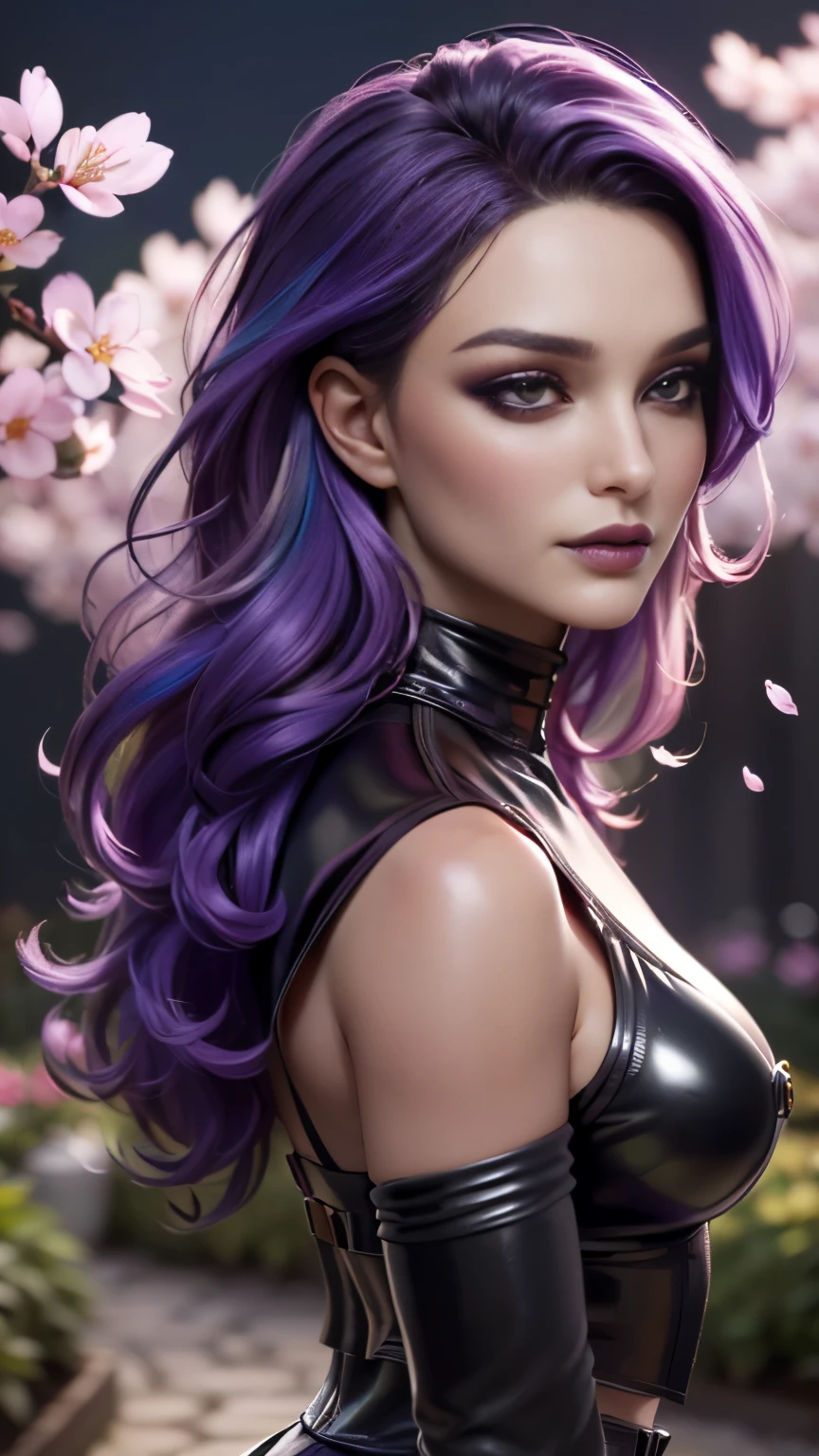 photo of celebrity, RAW, beautiful woman, ((portrait)), ((detailed face, colorful rainbow hair:1.2)), ((detailed facial feature, detailed skin, clear skin, parted lips), (perfect proportioned body, medium breasts, side boob), ( wearing a domineering mistress outfit, dressed entirely in shiny leather, purple eyeshadow, dark makeup: 1.5)), (high detailed beautiful gardens，The garden is filled Cherry blossoms all over the ground, flowers: 1.3), (side profile, looking at camera: 1.25), (, realistic photo, best quality, detailed), (8k wallpaper), (cinematic lighting, dramatic lighting) (sharp focus, intricate)