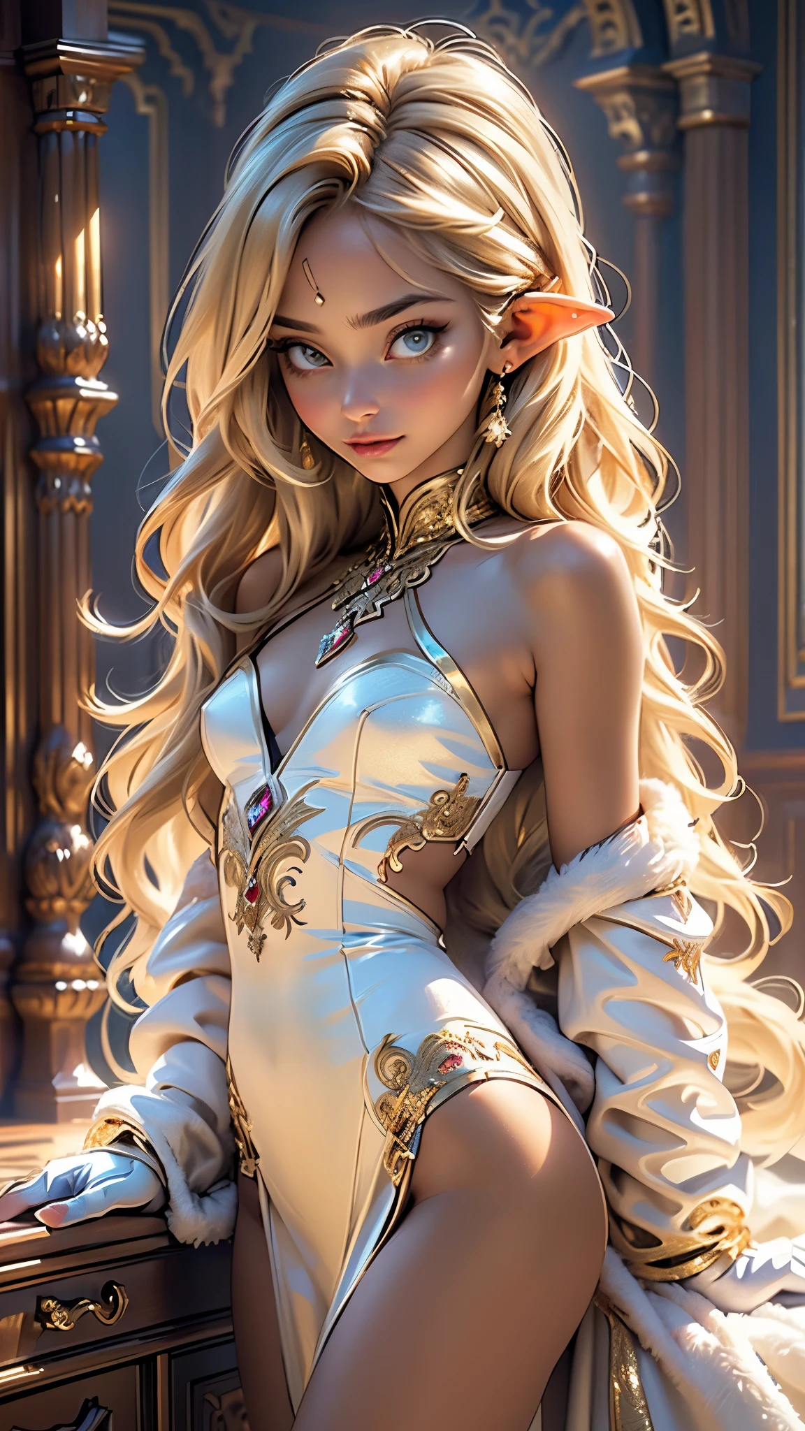 cute  elf,(((little ,tiny little body,little))),(((6 years old))),((anime elf  with extremely cute and beautiful blonde hair)), (((elf))), (((elf ears))),

(((flat chest))),((((blonde hair:1.35,messy blonde hair,colored inner hair,ear breathing)))),(((gold_eyes:1.3))),intricate eyes,beautiful detailed eyes,symmetrical eyes,big eyes:1.5,(((lustrous skin:1.5,bright skin: 1.5,skin tanned,shiny skin,very shiny skin,shiny body,plastic glitter skin,exaggerated shiny skin,illuminated skin))),(detailed body,(detailed face)),

cute,slutty,erotic,daring,((nsfw)),

zettai ryouiki,revealing clothing,show skin,(((Sexy ivory fur coat, ivory fur coat outfit, wearing a ivory fur coat:1.3,ivory winter coat))), ((ivory mini-skirt,ivory mini skirt with furry edge,visible thong straps)),((underpants strap)),(white gloves,ivory clothes,semi-naked,with little ivory clothing,(((furry edge clothing)))),(((intricate outfit,intricate clothes,embroidered outfit,ornate outfit,embroidered clothes,ornate clothes))),

(dynamic pose:1.0),embarrassed,(centered,scale to fit dimensions,Rule of thirds),

inside,indoor,((cozy gothic room)),scenery:1.25,((intricate scenery)),((winter decorations)),

(Glossy winter ornaments),highres,sharp focus,(ultra detailed,extremely detailed),(photorealistic artwork:1.37),(extremely detailed CG unity 8k wallpaper),(((vibrant colors,vibrant theme))),(intricate),(masterpiece),(best quality),artistic photography,(photography taken by sldr),(intricate background),perfect rendered face,perfect face details,realistic face,photo realistic,analog style,((intricate detail)),(((realism))),
