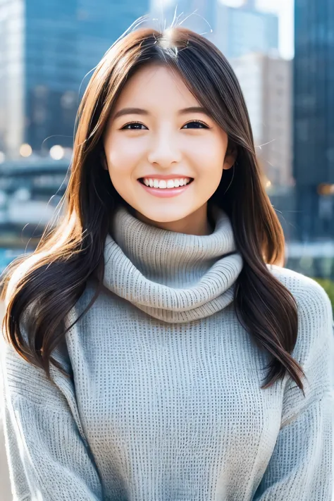 The face of the hostess、turtleneck wool sweater、hiquality、A hyper-realistic、healthy、Smiling expression、Slender perfect figure、Japan Beauty、 perfect  eyes、Beautiful skin、The upper part of the body、Snowy city