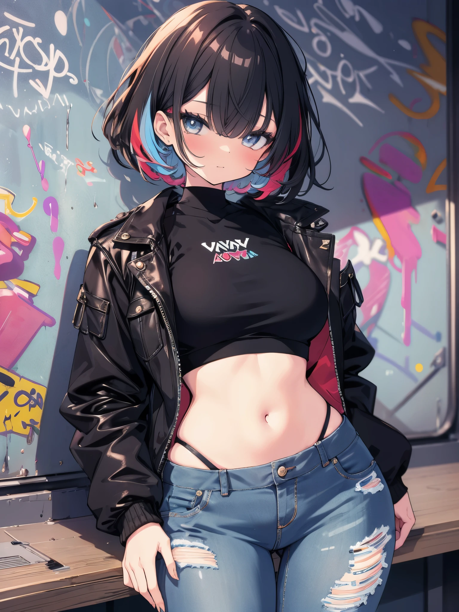 (cowboy shot), (best quality, ultra-high resolution, depth of field:1.2), adult, 1woman, toned body, medium breasts, wide hips, solo, black hair, streaked hair, short hair, bangs, cropped jacket, (black crop top), mesh under clothes, highleg, highleg panties, highleg thong, (denim jeans), (graffiti:1.4), paint-stained clothes, slouching, laying on the wall, looking at viewer, upturned eyes, bright eyes, head tilt, bored, hands behind back