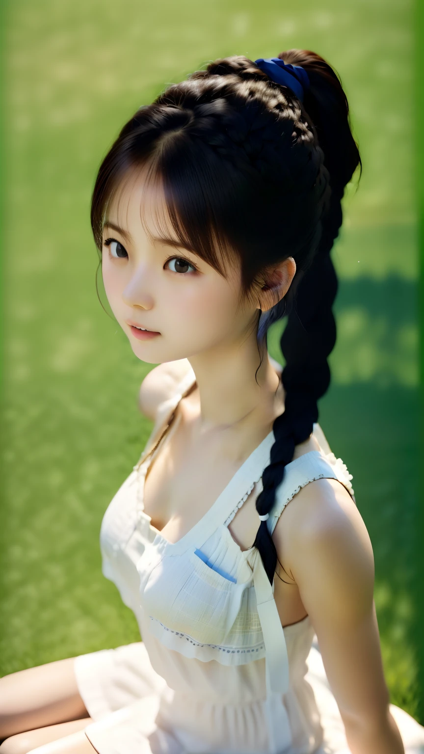 one girl、１４Age Girl:1.2、realistic face、perfect anatomy、cute face、cute expression、ponytail、Braided hairstyle、small breasts、気持ちいon the lawn、Barefoot、white camisole dress、summer sunshine、Blue sky、sunny、very detailed、very detailed、intricate details、insane precision、highest quality、ultra high resolution、RAW photo、master piece:1.5、outdoor、on the lawn、Blue sky