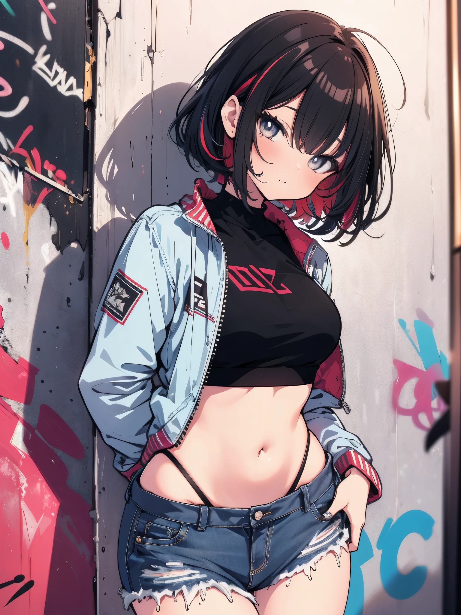 (cowboy shot), (best quality, ultra-high resolution, depth of field:1.2), adult, 1woman, toned body, medium breasts, wide hips, solo, black hair, streaked hair, short hair, bangs, cropped jacket, (black crop top), mesh under clothes, highleg, highleg panties, highleg thong, (denim jeans), (graffiti:1.4), paint-stained clothes, slouching, laying on the wall, looking at viewer, upturned eyes, bright eyes, head tilt, bored, hands behind back