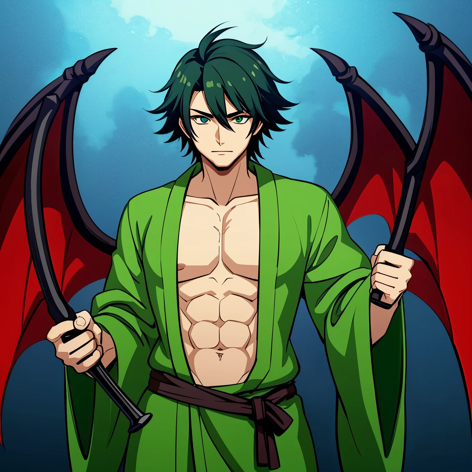 A cartoon image of a man with green hair holding two large black bats -  SeaArt AI