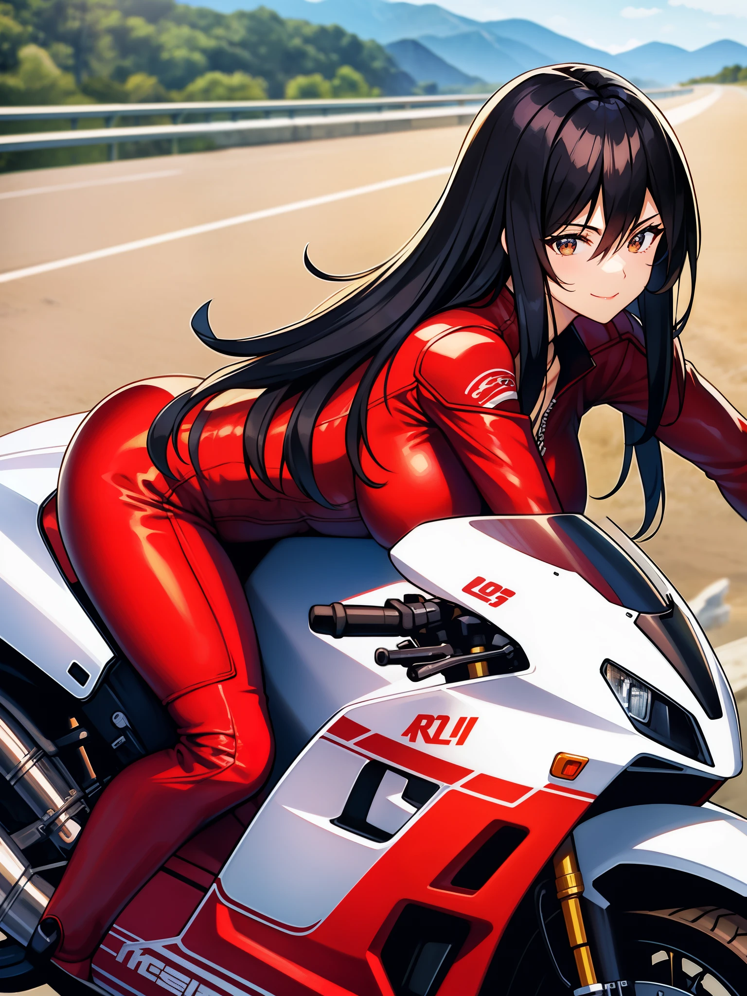 Anime girl in red leather outfit riding a motorcycle on a highway - SeaArt  AI