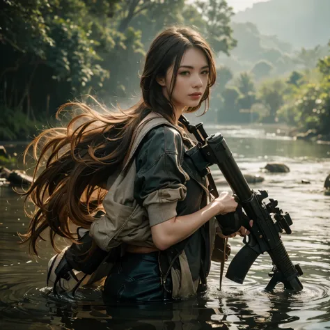 A girl with wet hair and wet skin wearing wet clothes, holding a realistic assault rifle. The portrait should have ultra-detaile...