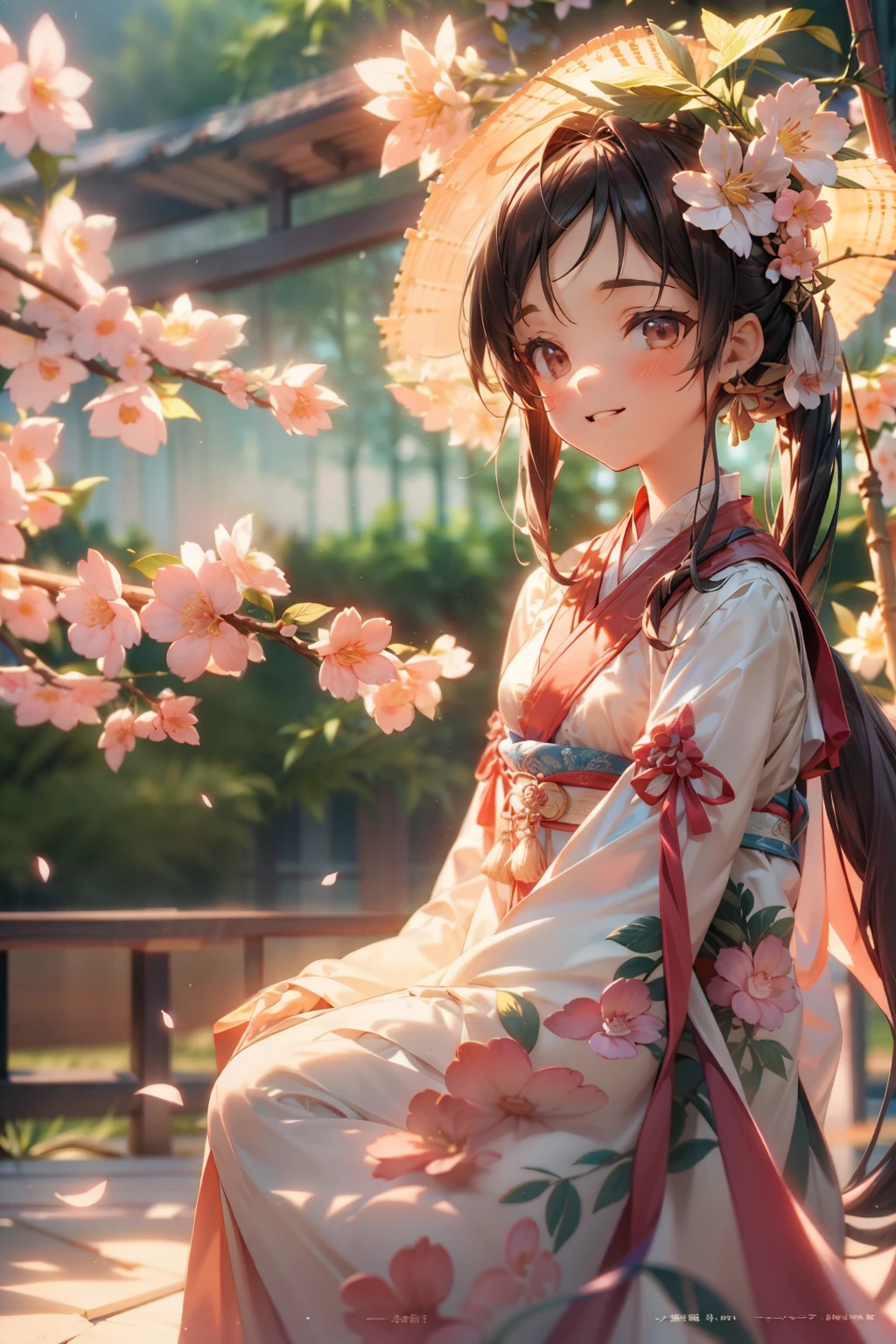 movie angle，（cute girls，correct anatomy，full body esbian，masterpiece peach blossom，Representative works Hanfu，smile），（enlightenment，paper art，3 renderings），（lots of colors，highest quality，high detailaster piece，cinematic lighting effects，4k，chiaroscuro）