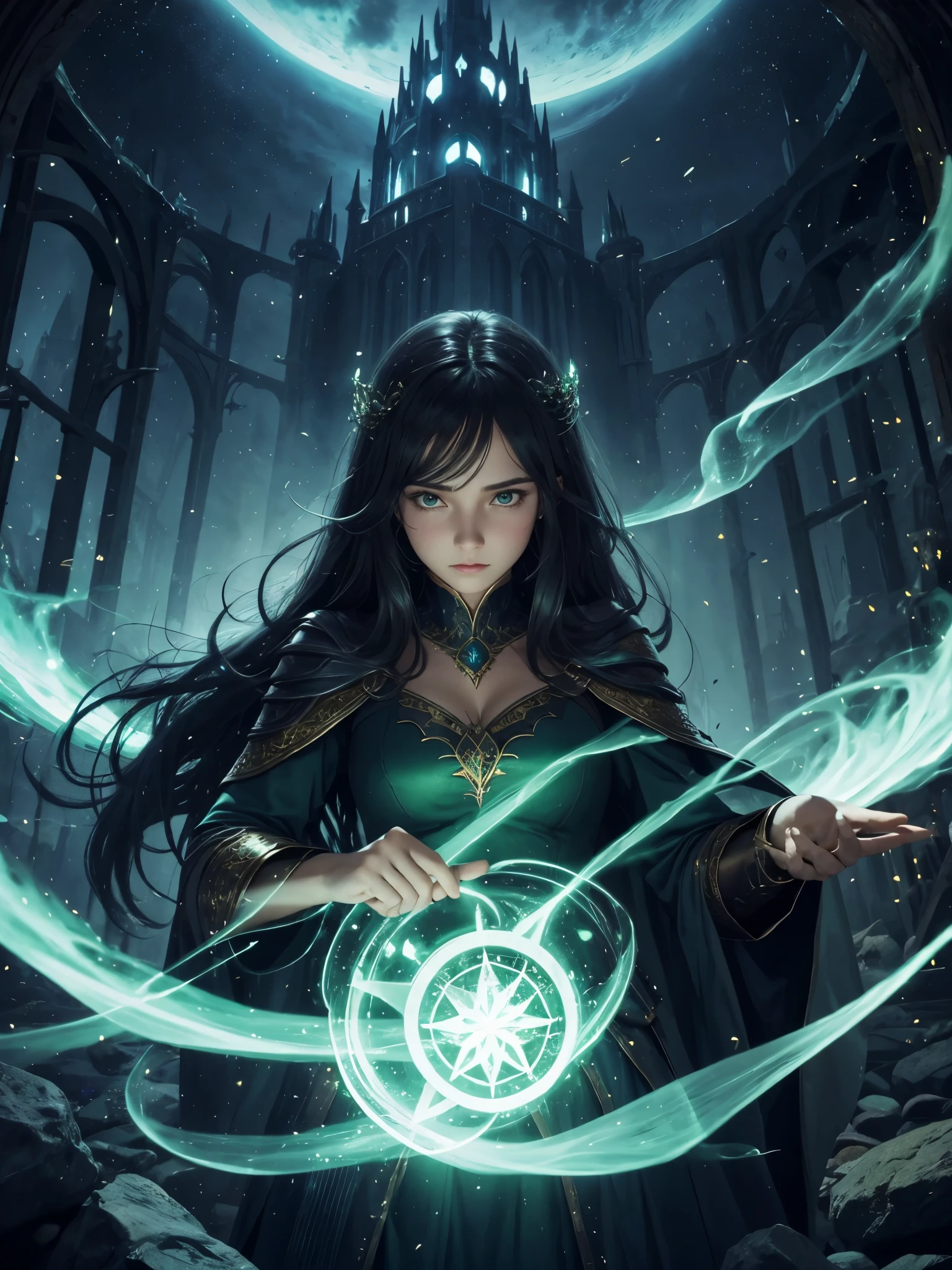 a powerful spell，Can create a magical protective barrier, A woman uses green magic to conjure a magical shield into a perfect fantasy world.