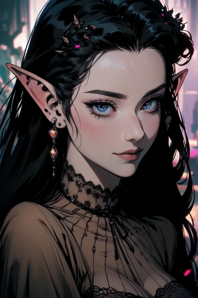 { - anatomy error}(Masterpiece - Ultra-detailed, very high resolution)hyper-realistic of a mysterious woman with flowing black hair, ears of elf, piercing opal eyes, and a delicate lace crown, delicate smile, upper body