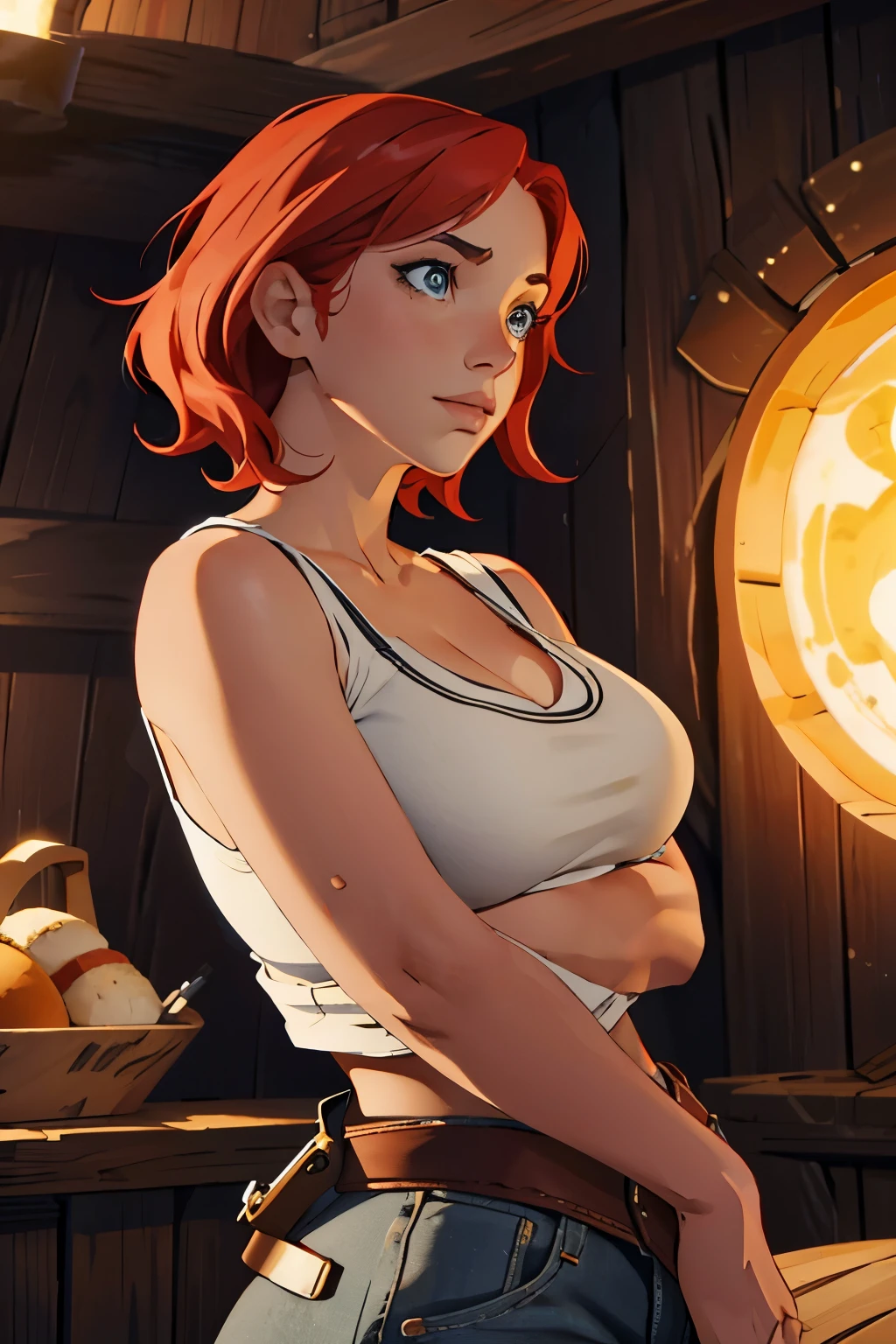 portrait of emilyrudd, nami, a woman, redhead,  short red hair, in a pirate ship, huge breasts, breasts larger than head, thick thighs, abs, large brasts, massive breasts, hyper breasts, bubble ass, bubble butt, (best quality:1.1), (masterpiece:1.4), (absurdres:1), (masterpiece), best quality, expressive eyes, perfect face, curvilienar waist